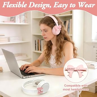 Dexspoeny 2 Pcs Pink Bow Decor Headphone Accessories, 3D Cute Bows Decor for Headphones, Adjustable Silicone Earphone Decorations, Coquettish Earphone Attachment Accessories for Gamers Women Girls