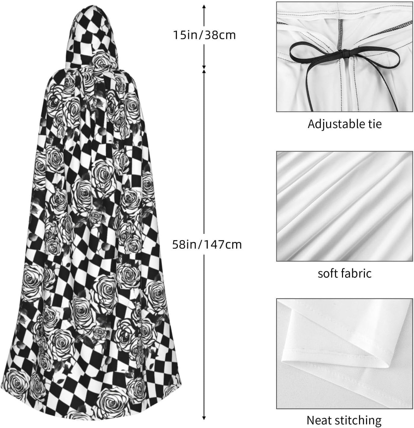Unisex Full Length Hooded Halloween Christmas Party Robe Cloak Cape Cosplay Costume Men Women Black and White Plaid Roses Prints