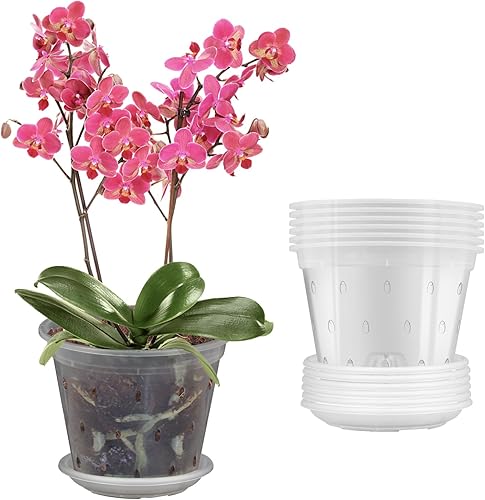 Paquete de 4 macetas de orquídeas de 6.8 pulgadas con agujeros y platillos, macetas de orquídeas ranuradas transpirables para trasplantar, maceta de