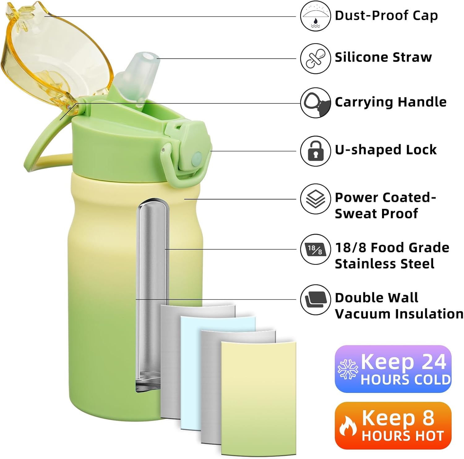 BJPKPK Water Bottle with Straw 14oz Insulated Water Bottles Reusable Stainless Steel Metal Thermal Flask with Leak Proof Lockable Lid and Carry Handle,Lime - Image 2