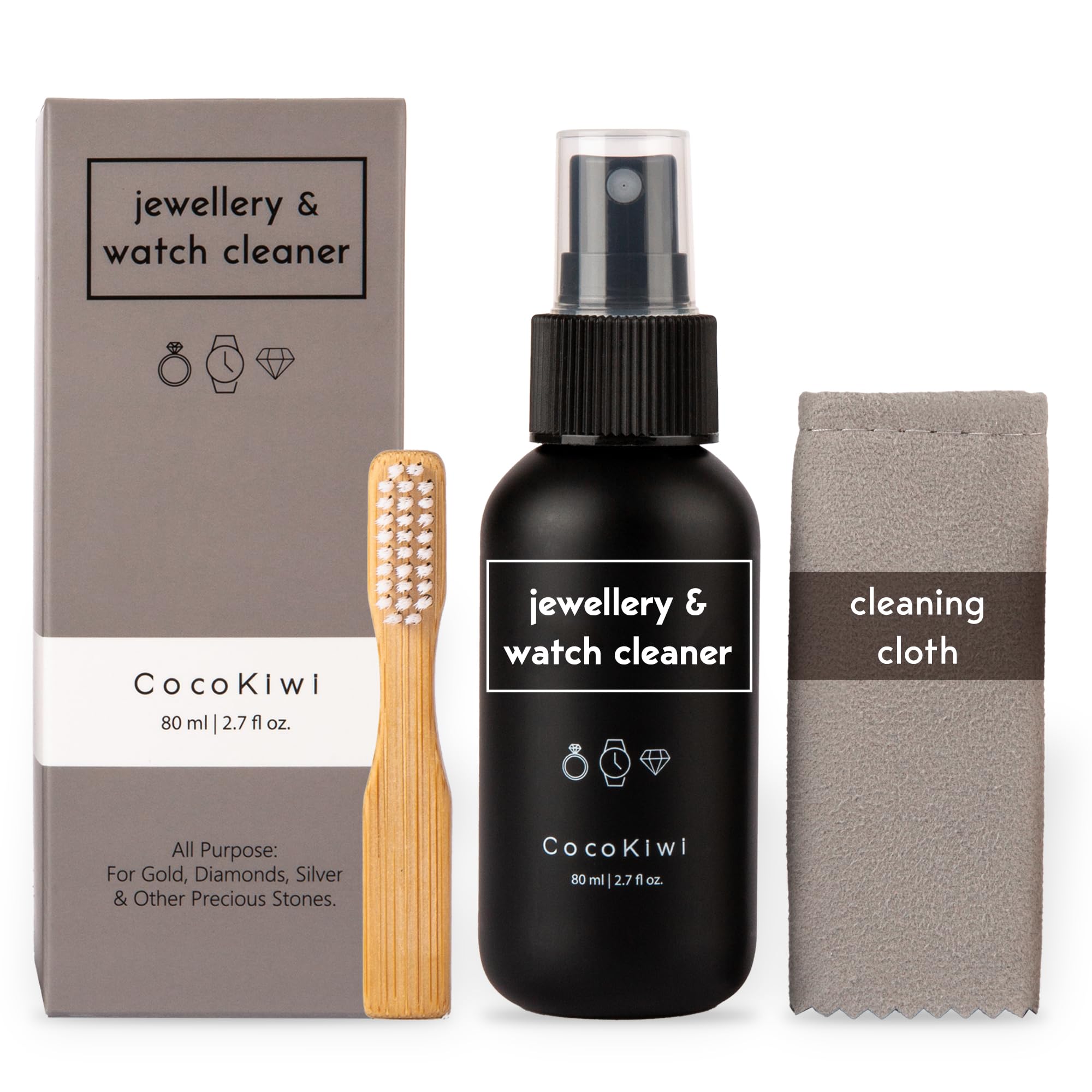 Solución limpiadora de joyas, kit de limpieza de relojes, oro y plata, limpiador de collares, pendientes y anillos, 80 ml, restaura el brillo con el paño y el cepillo incluidos