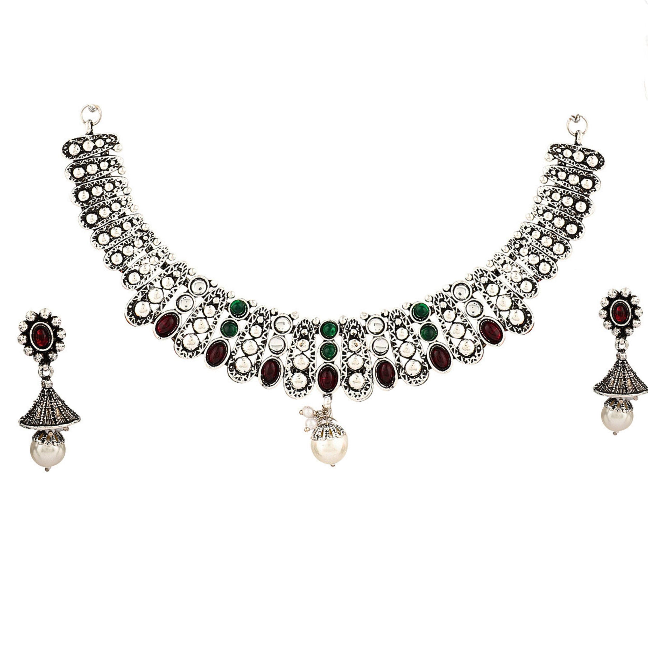 Mansiyaorange German Silver Floral Style Kempu Stone Necklace Choker Jewellery Sets For Women (B0D49XM9HR) Amazon Price History, Amazon Price Tracker