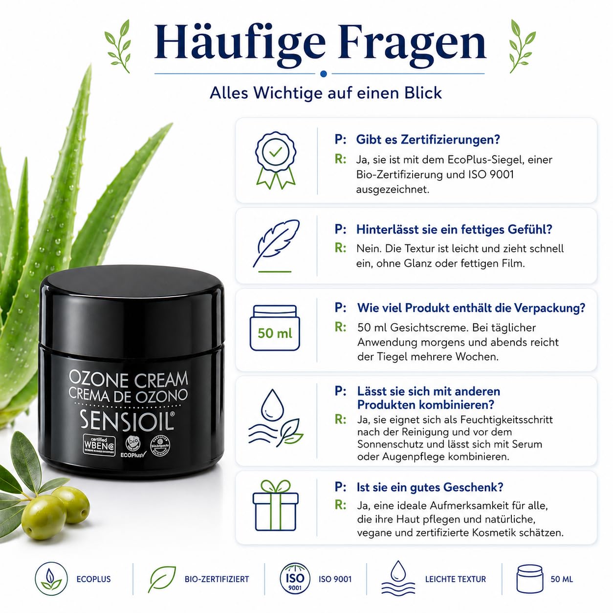 OZOLABS Ozon-Gesichtscreme 50 ml - Feuchtigkeitscreme Anti-Aging für empfindliche Haut | Ozonöl Olive, Sonnenblume + Aloe Vera | Regenerierend für Tag & Nacht | Vegan, Bio | EcoPlus · ISO 9001