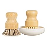 GREENTH PRO Palm Pot Dish Brush- Nature Bamboo 2 Packs Mini Durable Scrub for Kitchen Cleaning with Ceramics Holder
