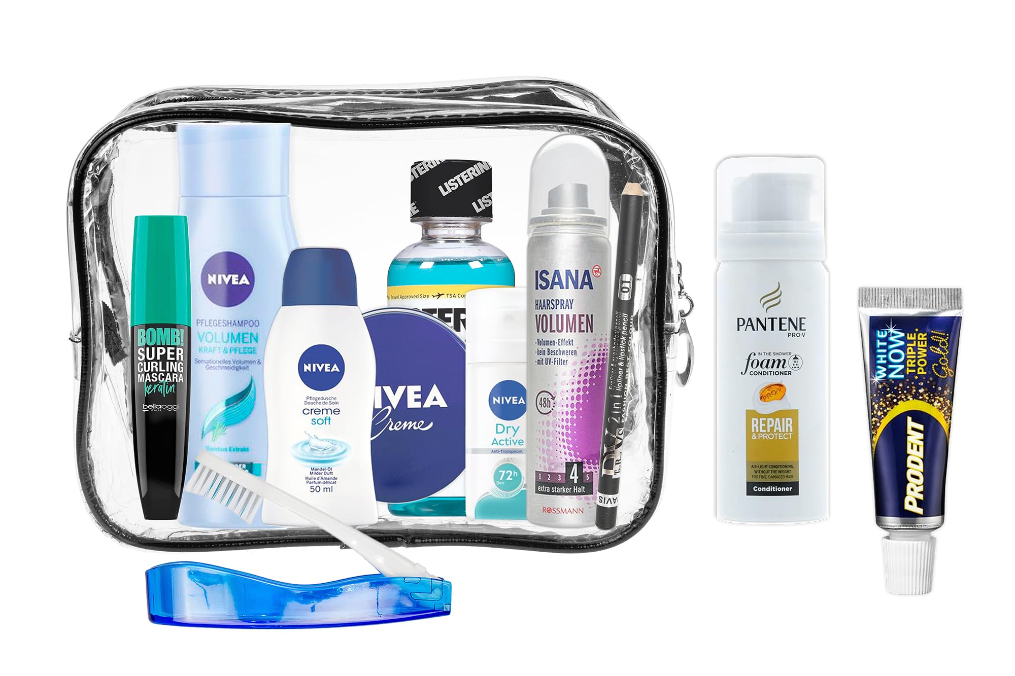 Set da viaggio adatto per bagaglio a mano, vacanze, comprendente tutti i prodotti di marca per la cura della persona necessari, in un beauty case in PVC