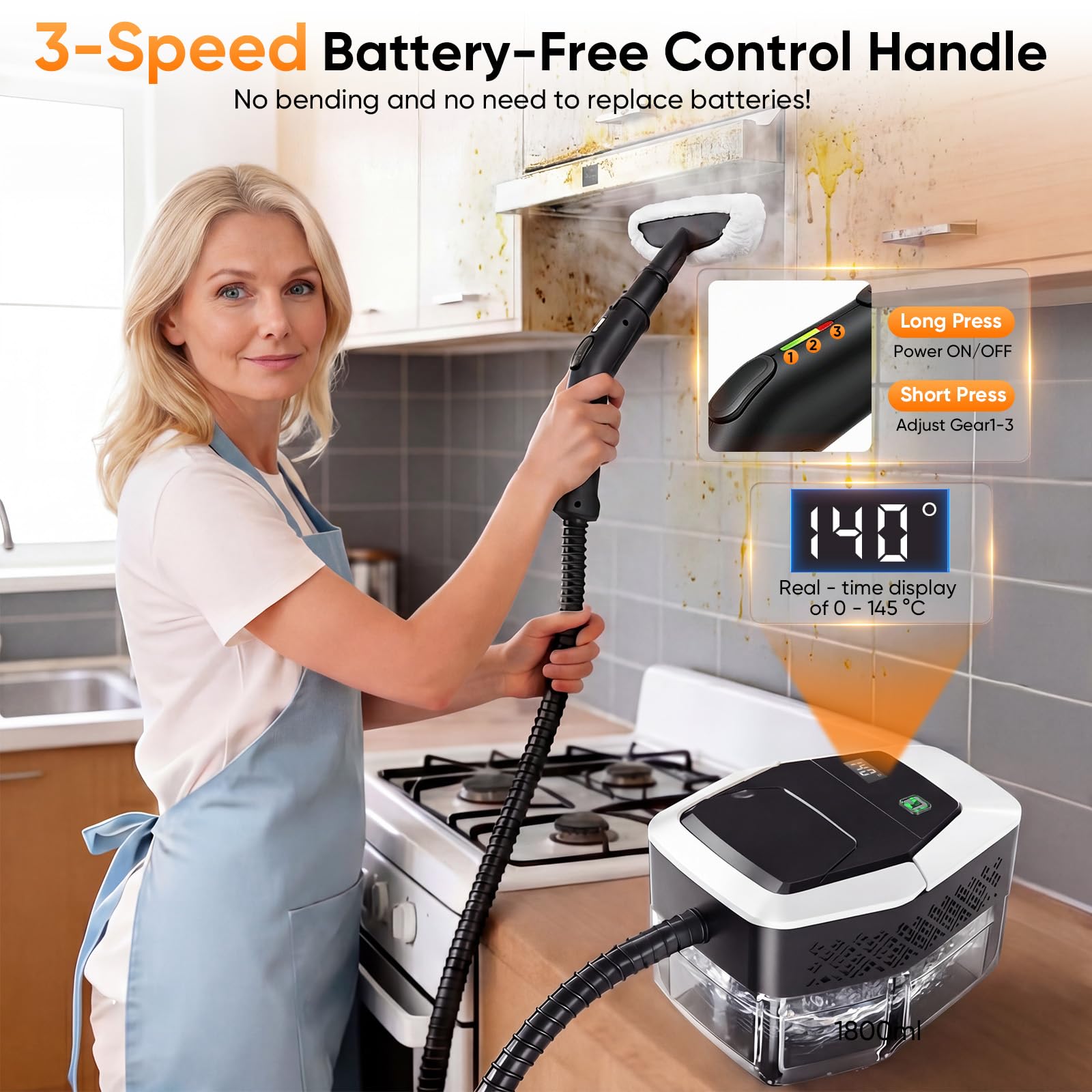 Dampfreiniger Handgerät 2500W mit Druck, 10s Aufheizzeit, 1,8L Wassertank, Handdampfreiniger mit Zubehör für Auto, Zuhause, Küche