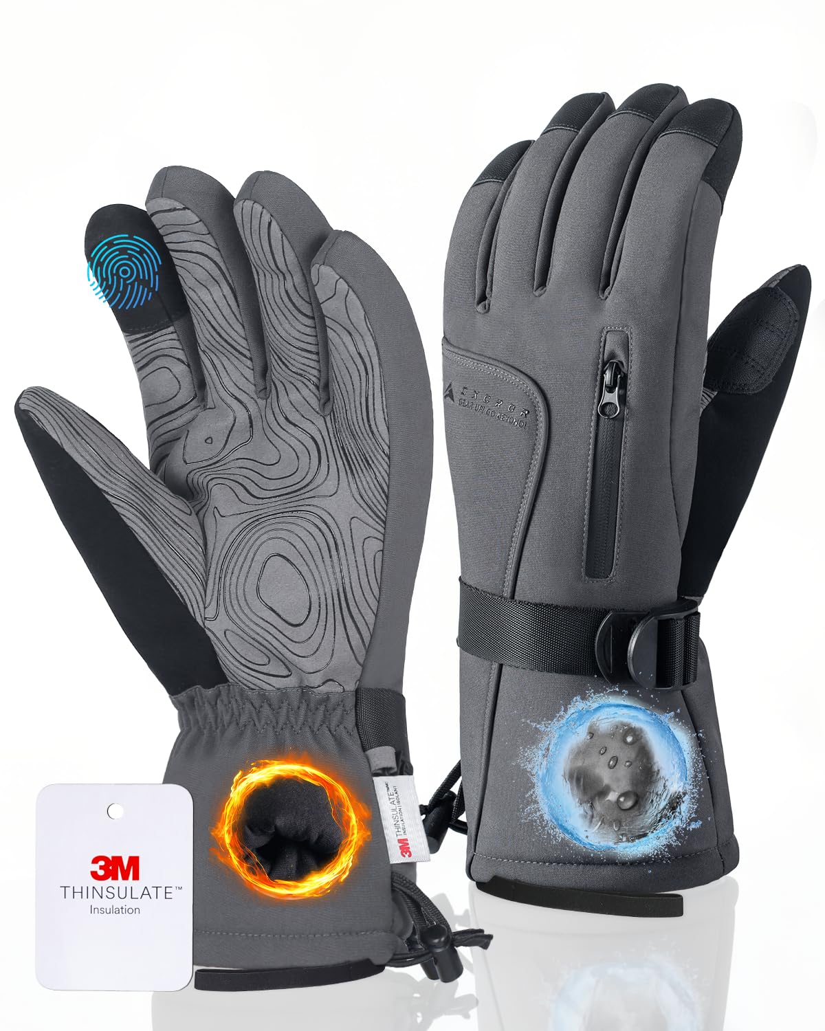 GXCROR Guanti invernali per uomo e donna, impermeabili, touchscreen, guanti da sci con Thinsulate 3M Thinsulate fino a 30 °C, antivento e freddi, per sci, ciclismo, campeggio