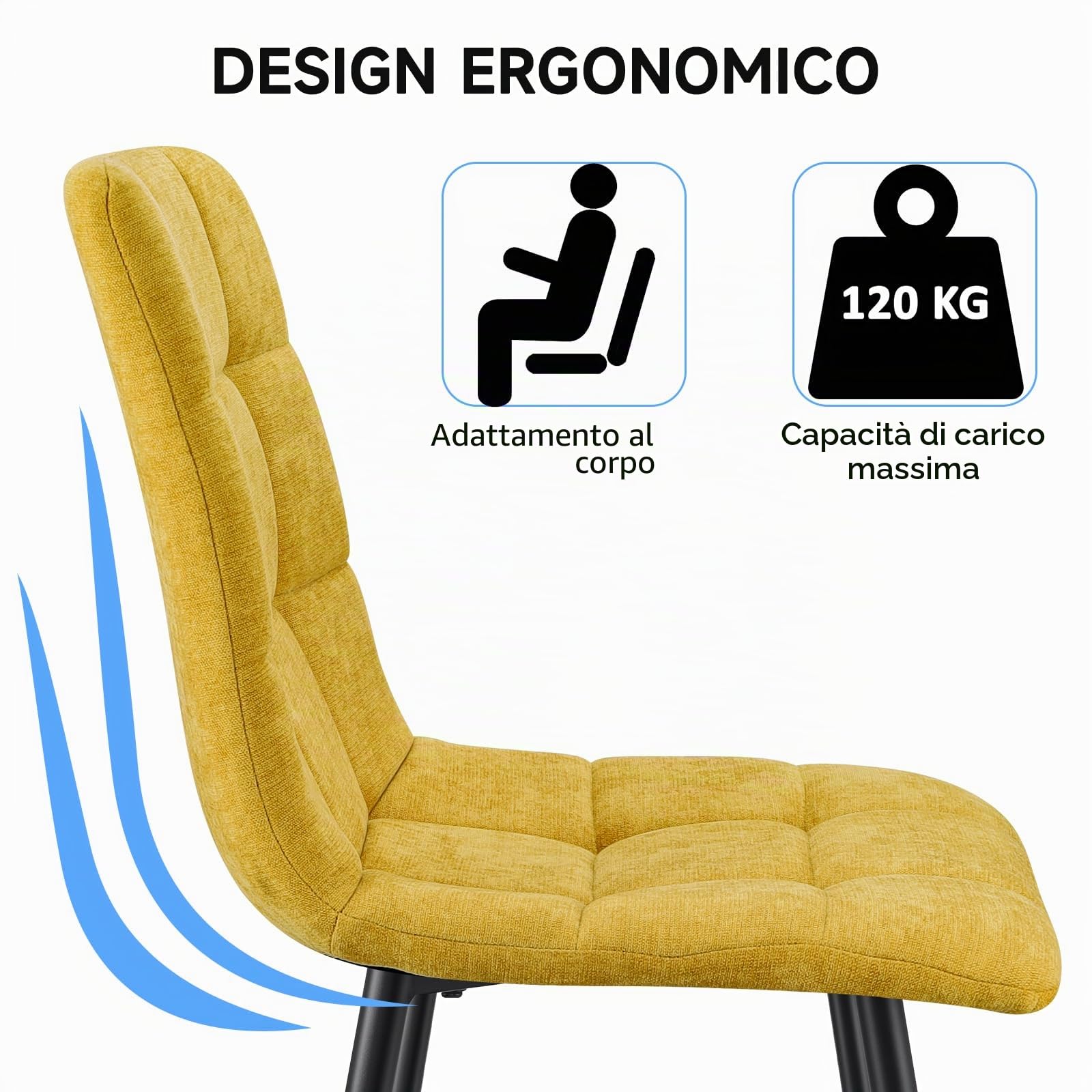 Set Di 8 Sedie Da Pranzo,Sedia Da Cucina Con Piedi In Metallo Nero,Sedie Imbottite Con Tessuto Di Lino,Sedia Da Camera Da Letto Salotto Soggiorno,Giallo