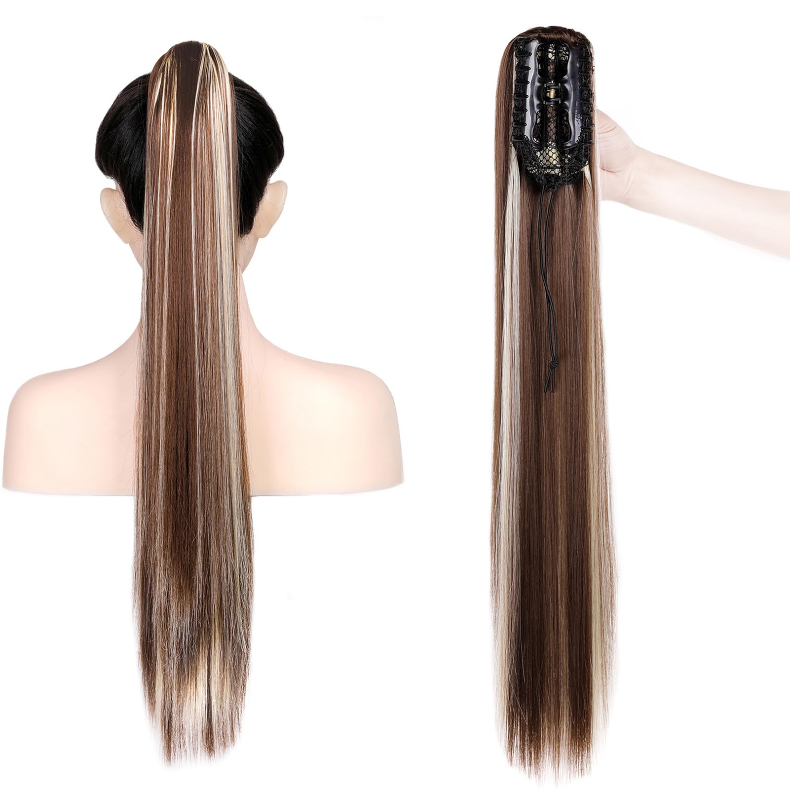 Cybelleza 22inch Ponytail Hair Extensions Ponytail Claw Jaw on Long Straight Pony Tails Clip in Hair Extensions Synthetic Hair pieces for Women (Chestnut Brown & Bleach Blonde) - Image 4