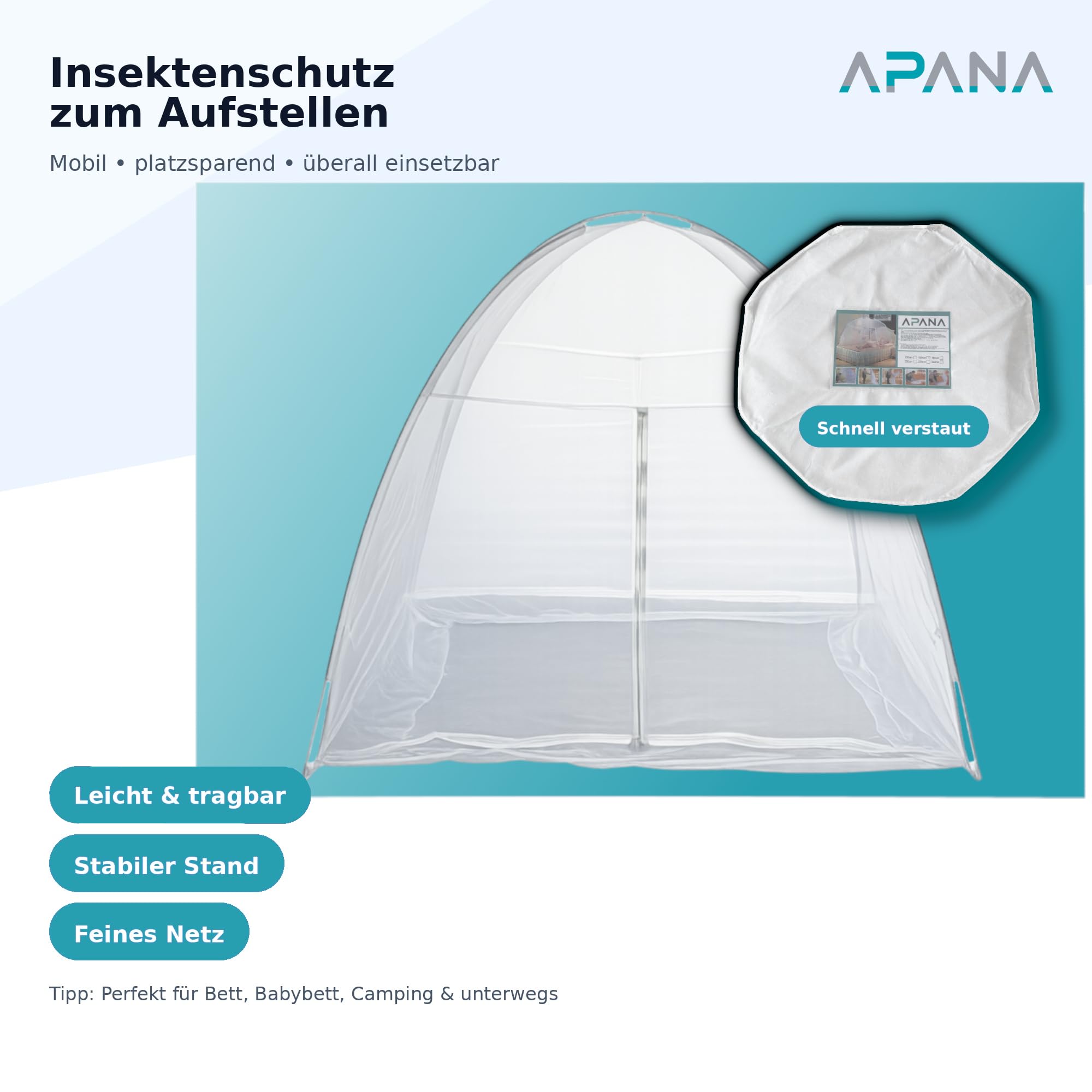 APANA Großes Moskitonetz 200x200x160 cm – Bett Moskitonetz Pop Up mit 2 Türen & Reißverschluss, Fiberglasrahmen – geräumiges Mückenzelt/Insektenschutz für Doppelbett & Camping