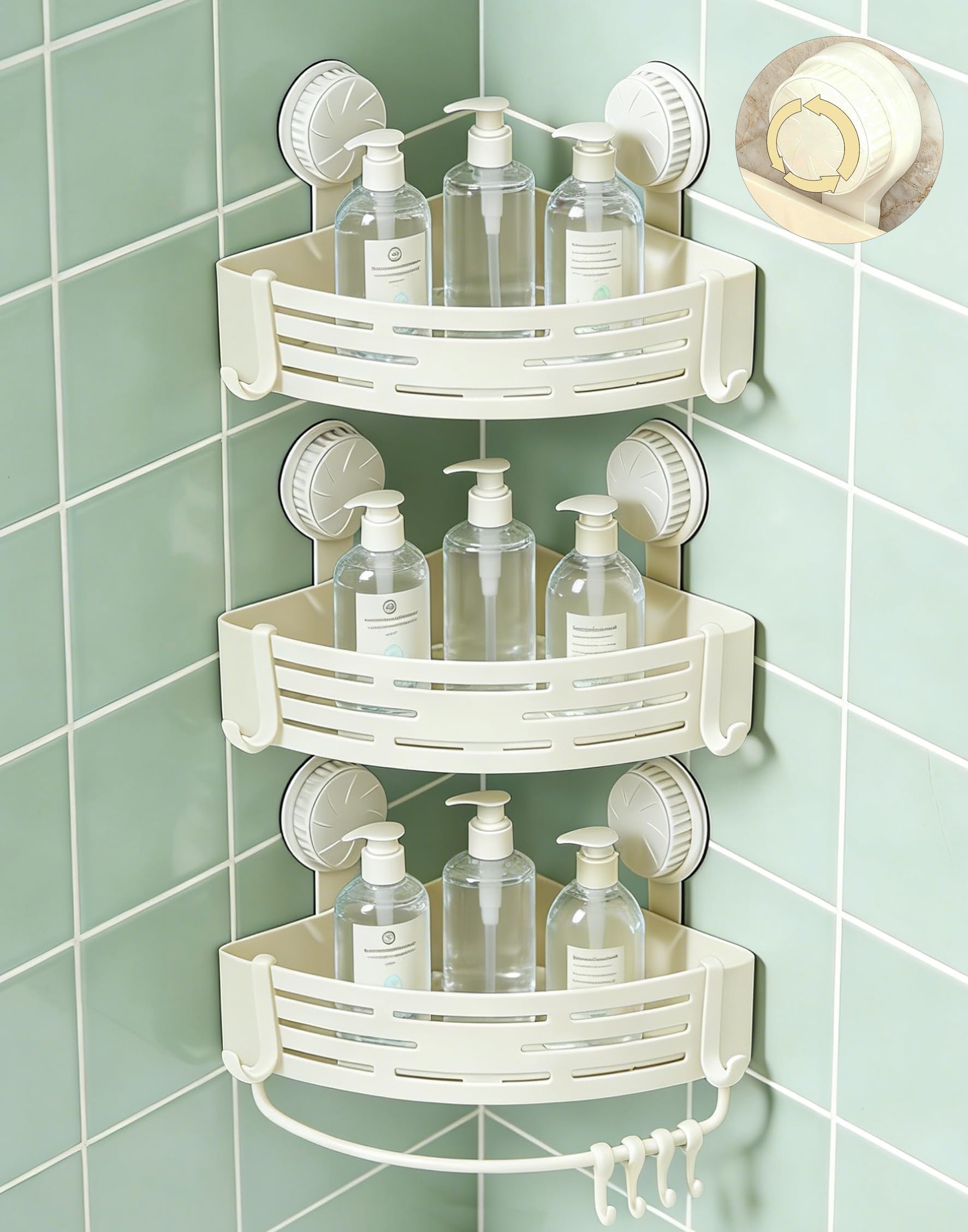 LOOCH 3 Pack Plastic Corner Shower Caddy with Twist-Lock Suction Cups a Pre-Applied Adhesive Layer The No-Drill Shower