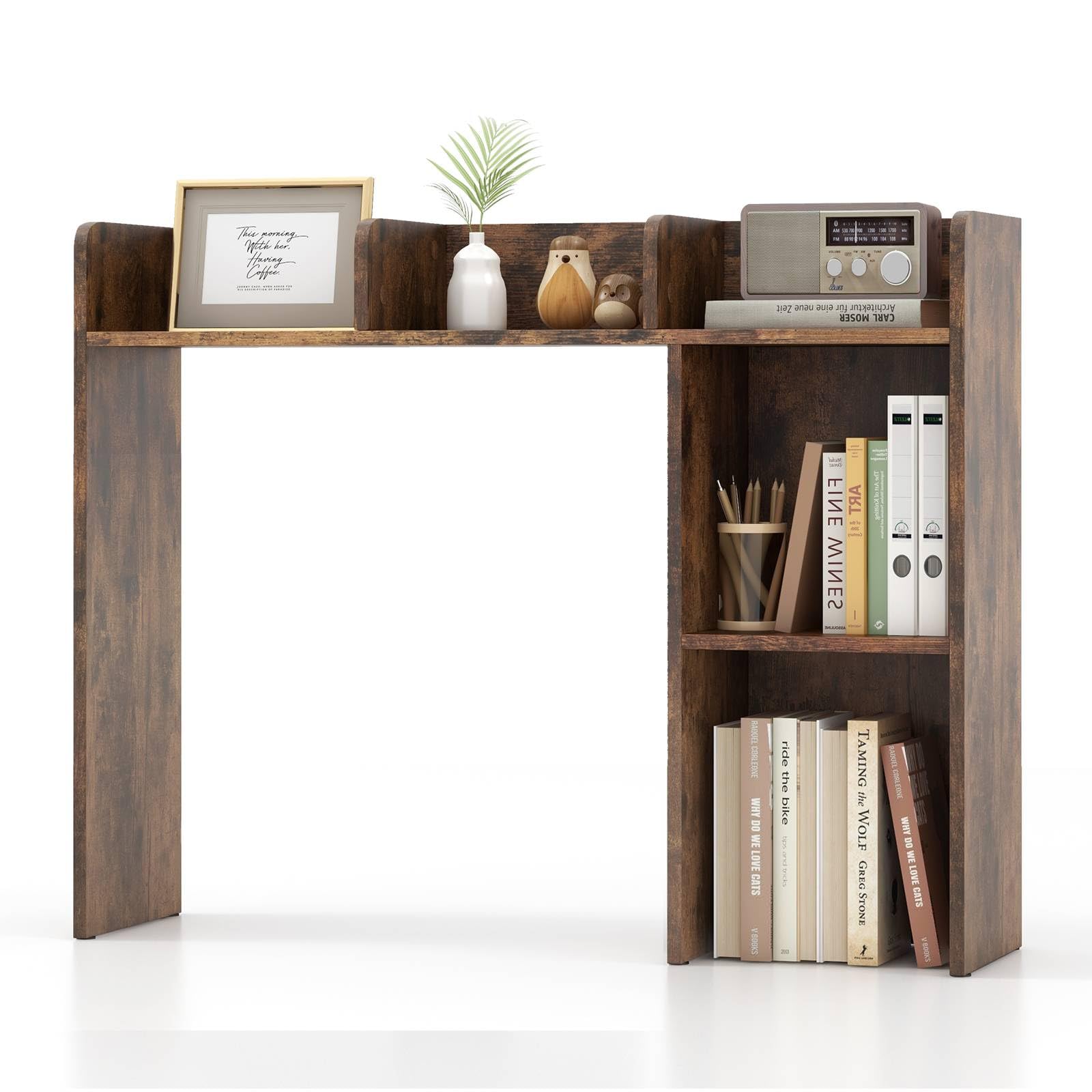 SFAREST Desktop Bookshelf, Wooden Countertop Bookcase with 4 Shelves, Open Compartment & 2 Anti-Tipping Kits, Home Office Desk Storage Organizer Display Shelf Rack (Rustic Brown)