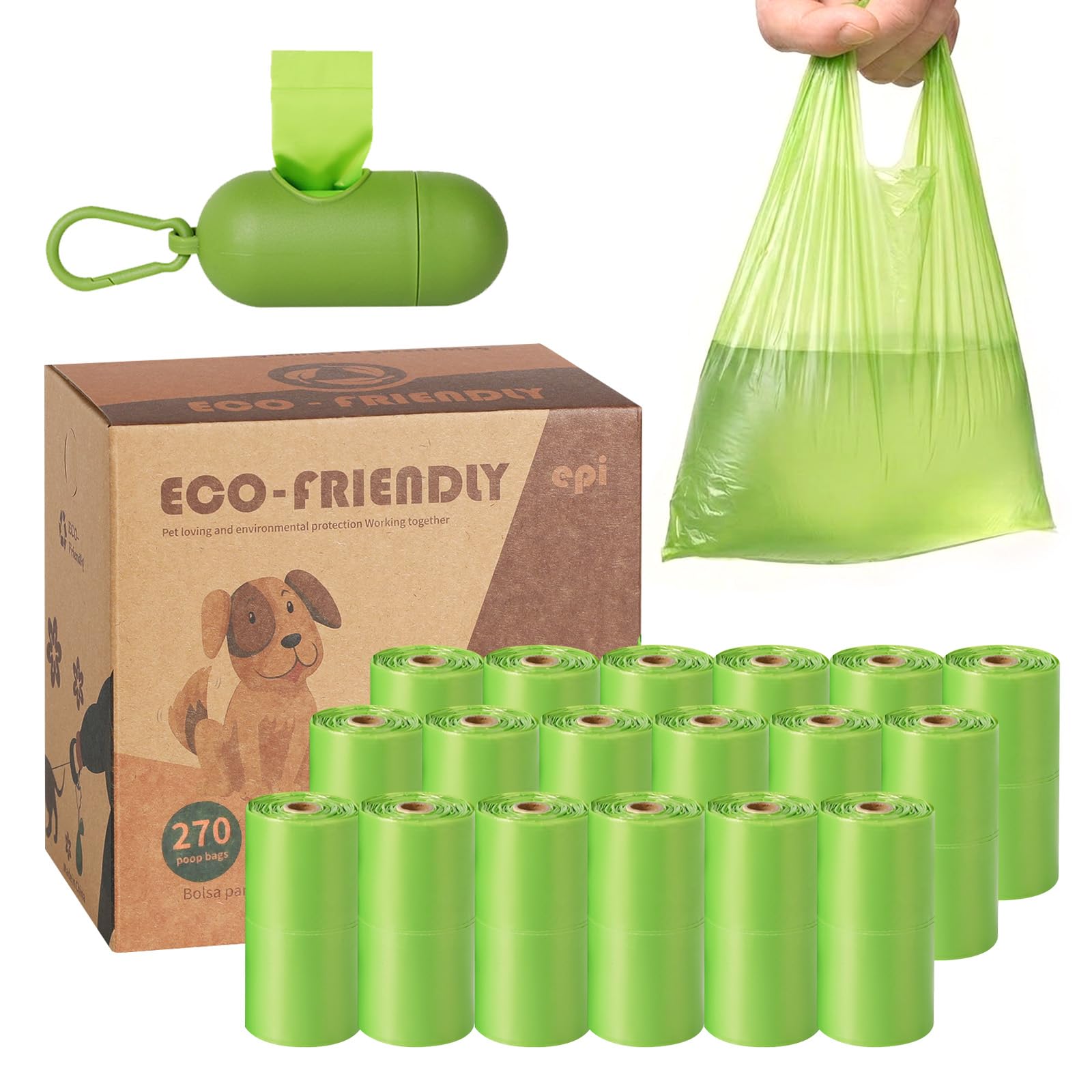 Dog Waste Bags with Handle, 18 Rolls ⟮270 Pieces⟯ with 1 Dispenser, 25mic Extra Thick Tear-Resistant Waste Bags for Dogs, 100% Leak-Proof, 2L Large Capacity