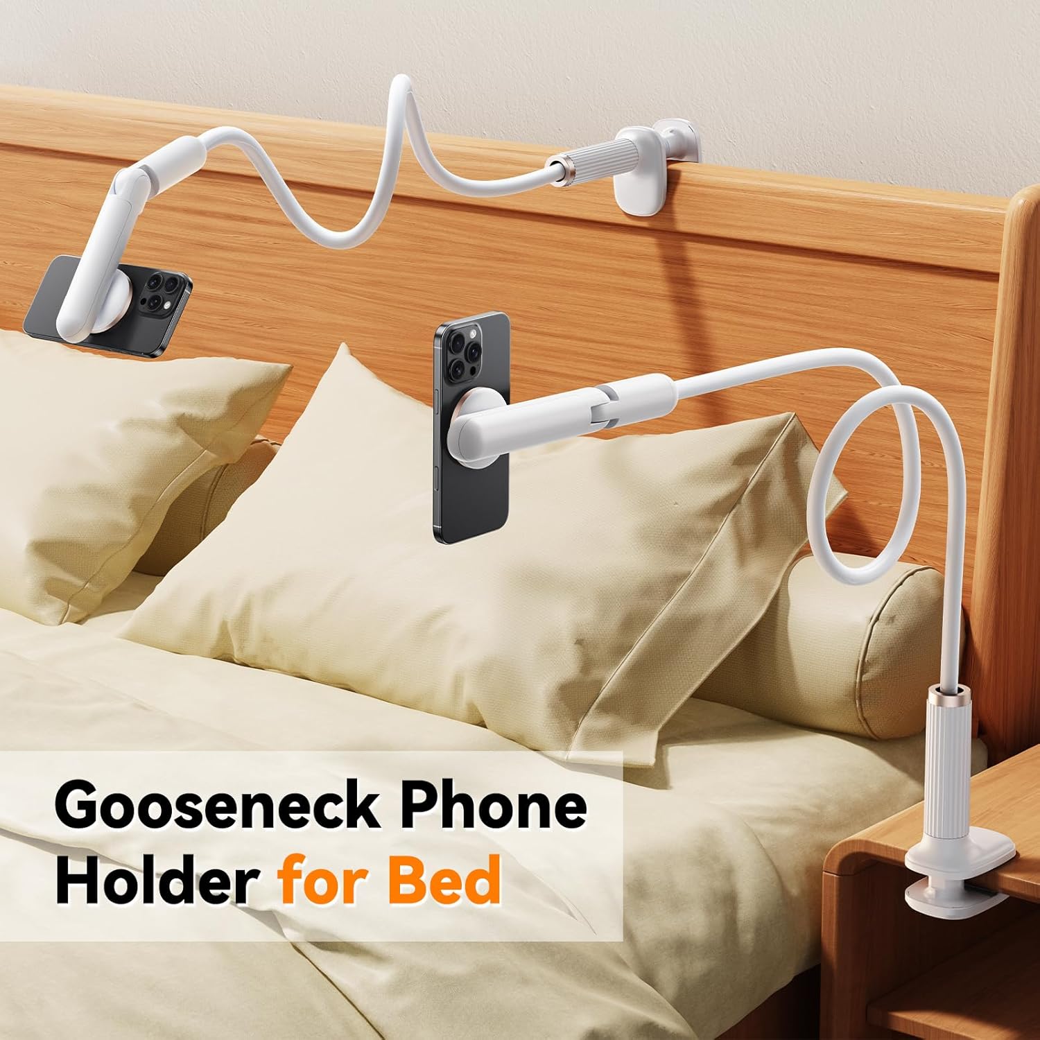Magnetic Phone Holder for Bed, Gooseneck Cell Phone Stand with Clamp Mount, 900° Rotation Overhead Lazy Bracket with Flexible Long Arm, Compatible with iPhone16/15/14/13/12