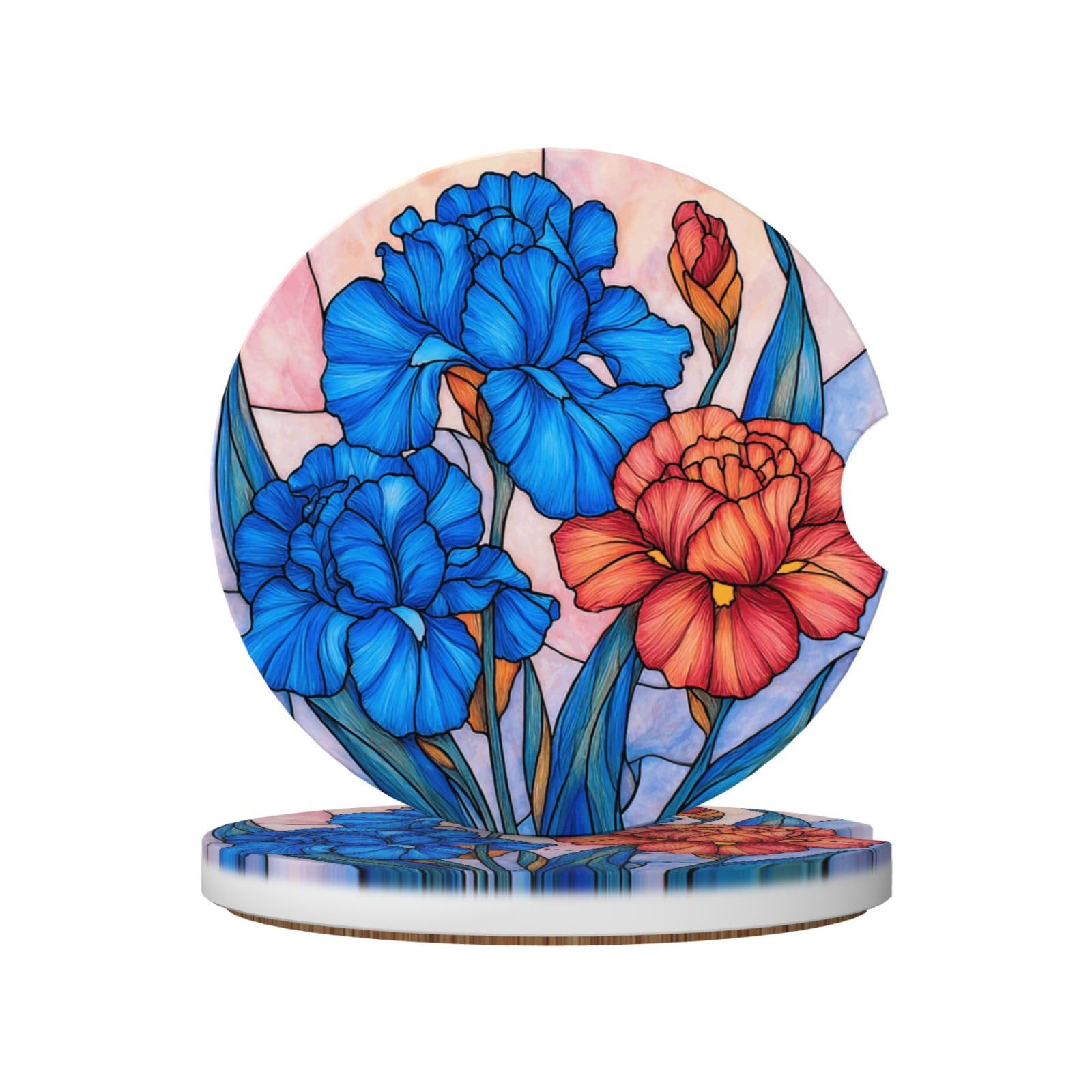 Stained Glass Blue Red Flowers Ceramic Coasters,2pcs