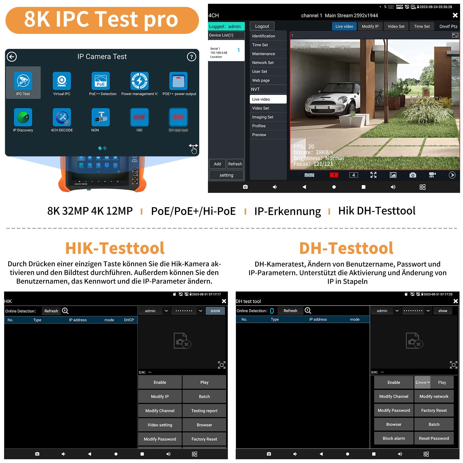 Henkion IPC CCTV Tester X9-ADHS Pro Mit 8 Zoll IPS Touchscreen Monitor, CCTV-Kameratester Unterstützt 8K 32MP IP Und 4K 8MP TVI CVI AHD SDI-Kameratests, Netzwerktester 90W POE++ HD I/O WiFi RS485 RJ45