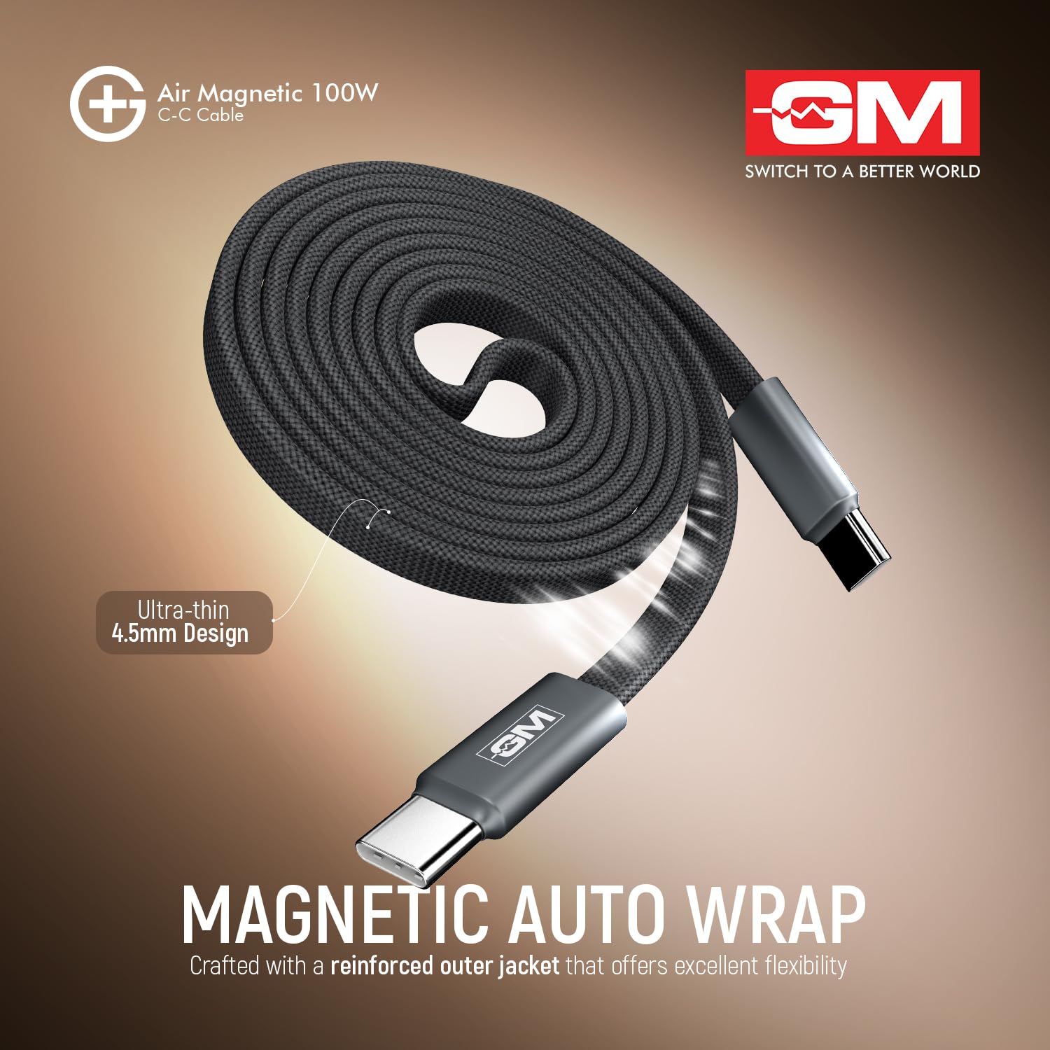 GM G+ Air Magnetic 100W Type-C-C Fast Charging Cable|Ultra-Slim 4.5mm Flat Design|Magnetic Auto-Wrap| 20,000 bend cycles tested|480Mbps Data Speed| Compatible with Laptop, Tablet & Smartphone |120cm — Amazon image 9