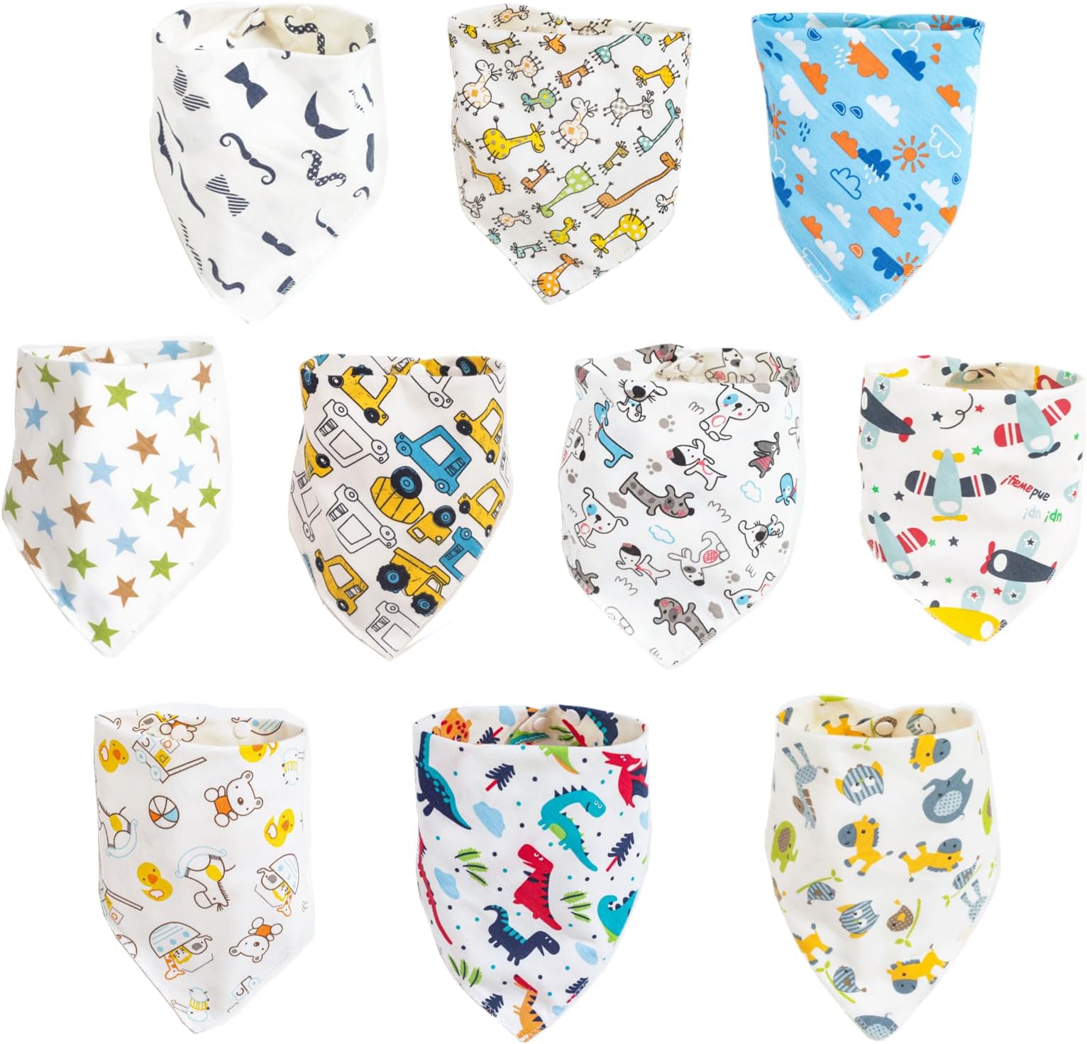 Toddler Infant Baby Bib 100% Cotton Absorbent Bandana Dribble Bib with Adjustable Snaps Saliva Towel Burp Cloth 10 Pcs Unisex