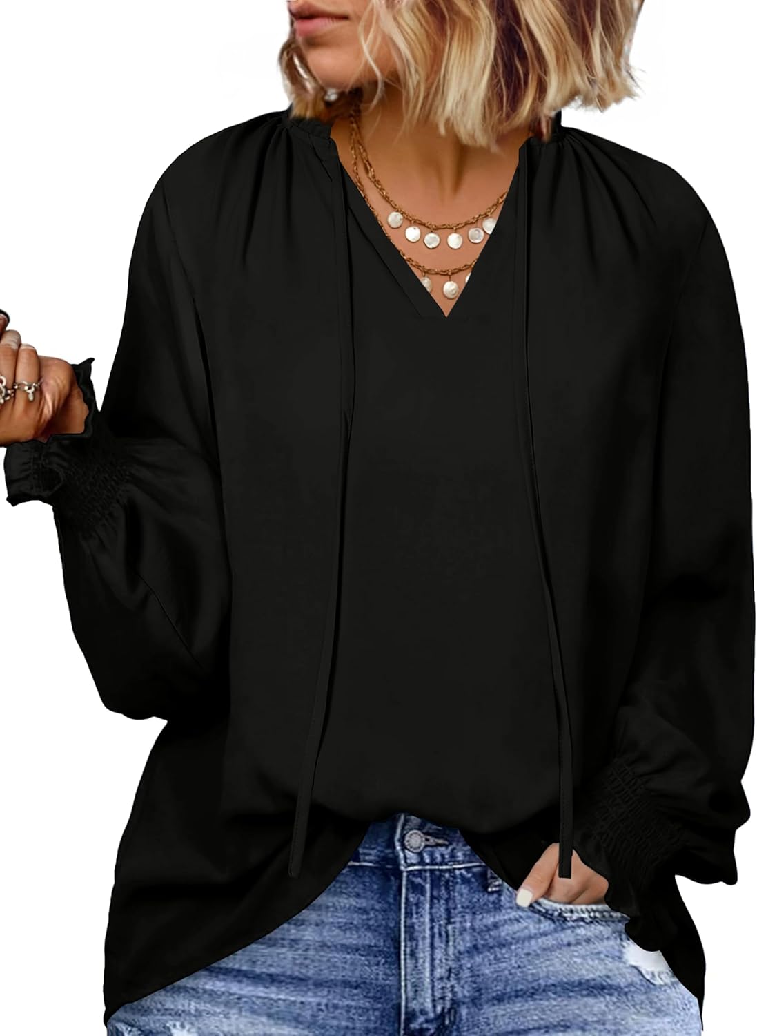 Eytino Plus Size Tops for Women V Neck Long Sleeve Drawstring Floral Boho Print Blouse Shirts Vacation Outfits(1X-5X)