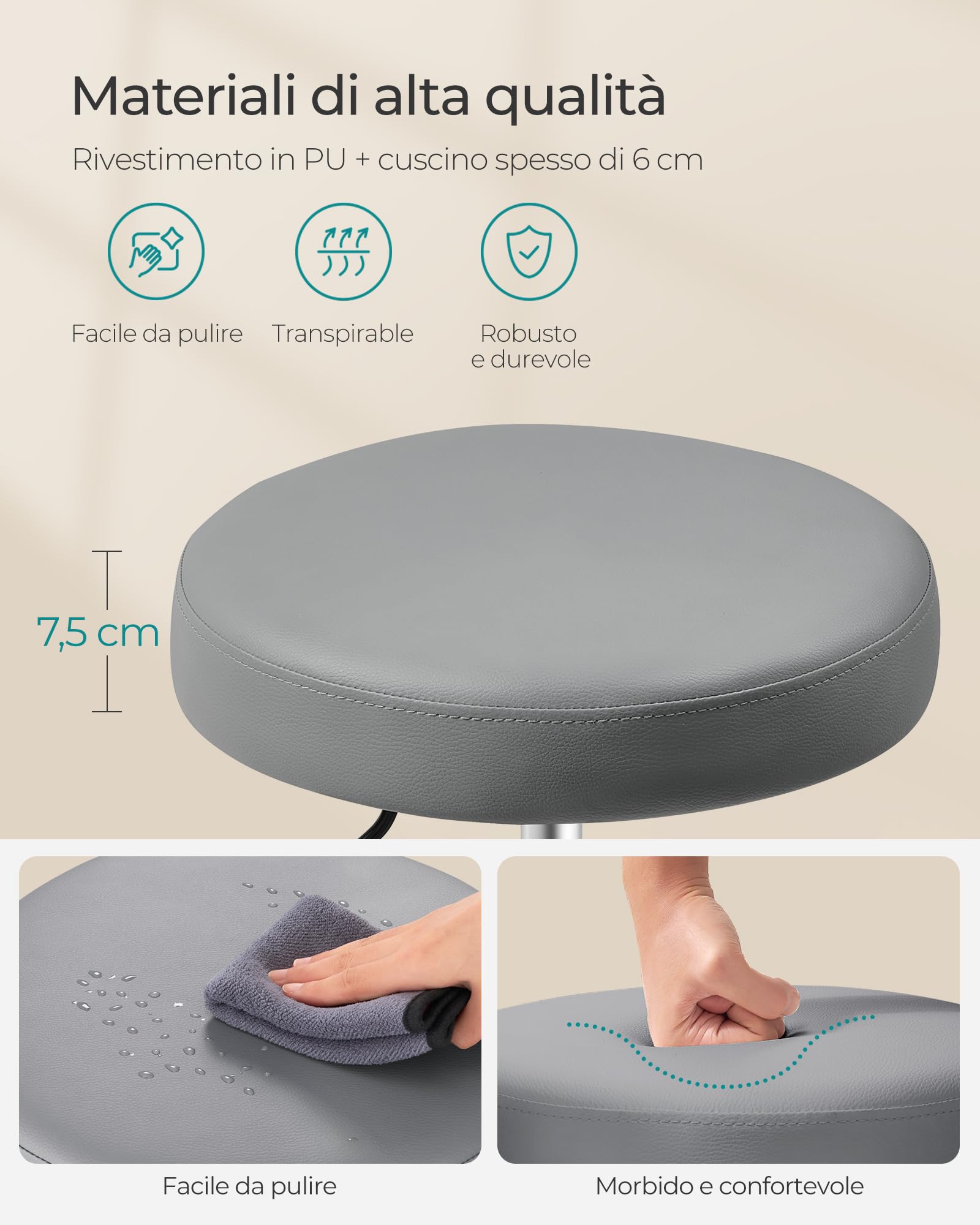 SONGMICS Sgabello Girevole con Ruote, Altezza Regolabile 46-58 cm, Sgabello da Bar Imbottito Rivestito in PU, Sgabello da Lavoro per Studio Ufficio Salone di Bellezza, Grigio Tortora LJB061G01
