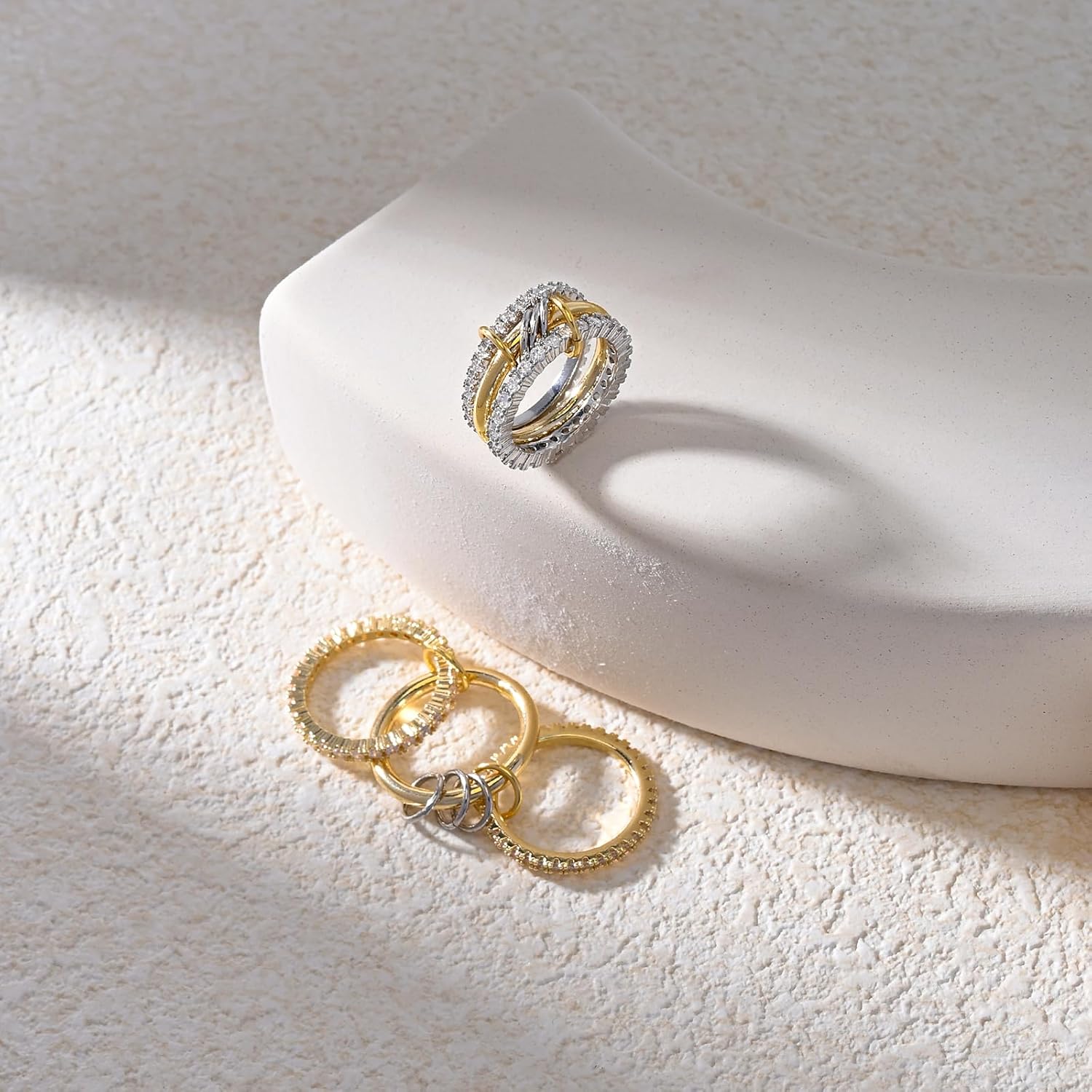 VIBILIA Gold Silver Interlocked Stackable Rings for Women Non Tarnish Dainty Ring Set Cubic Zirconia Stacking Statement Rings Two-Toned Connected Bands Jewelry Gift for Women - Image 3