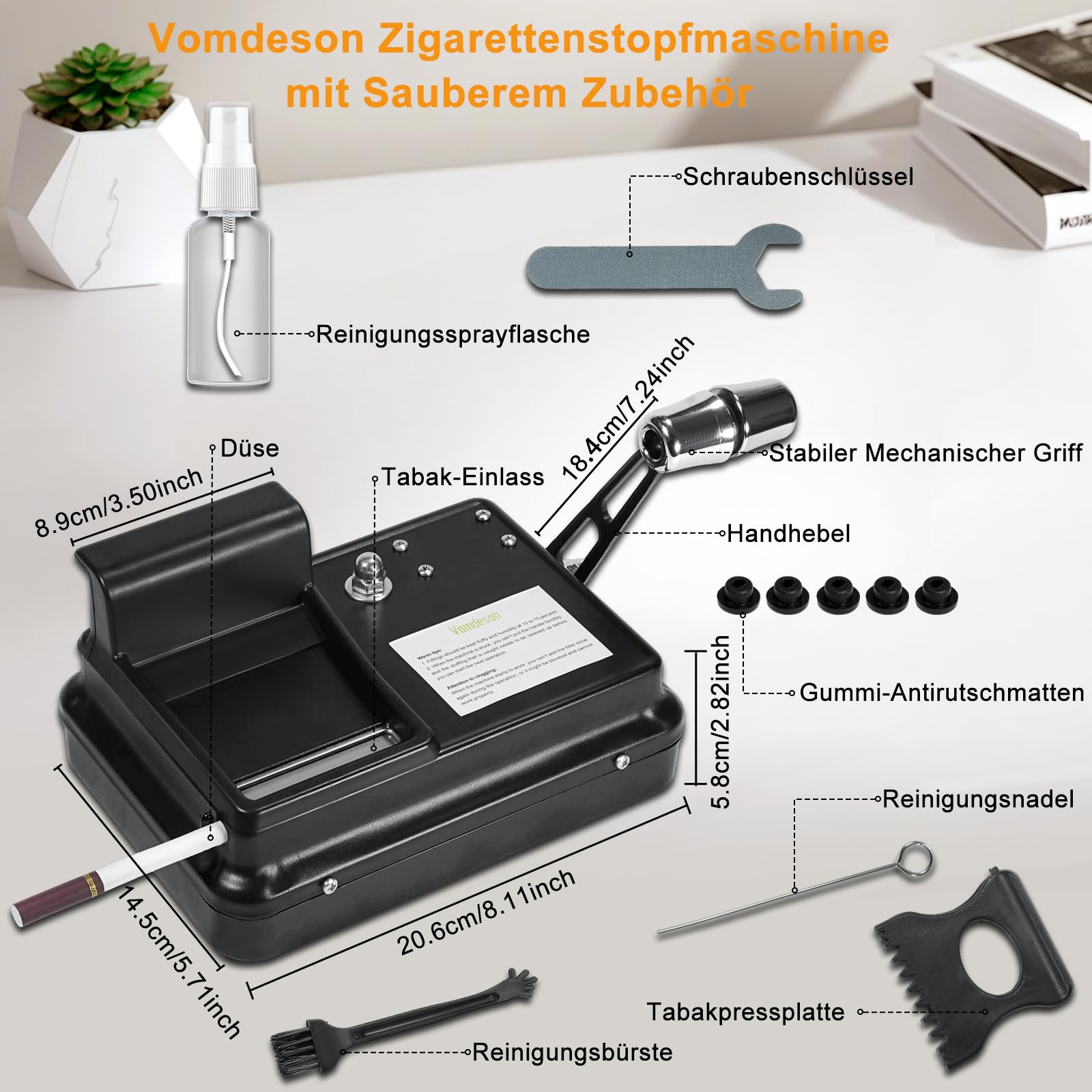 Zigarettenstopfmaschine, Vomdeson 8mm Durchmesser Manuell Stopfmaschine für Zigaretten, Cigarette Rolling Machine, mit Zigarettenetui und Zubehör