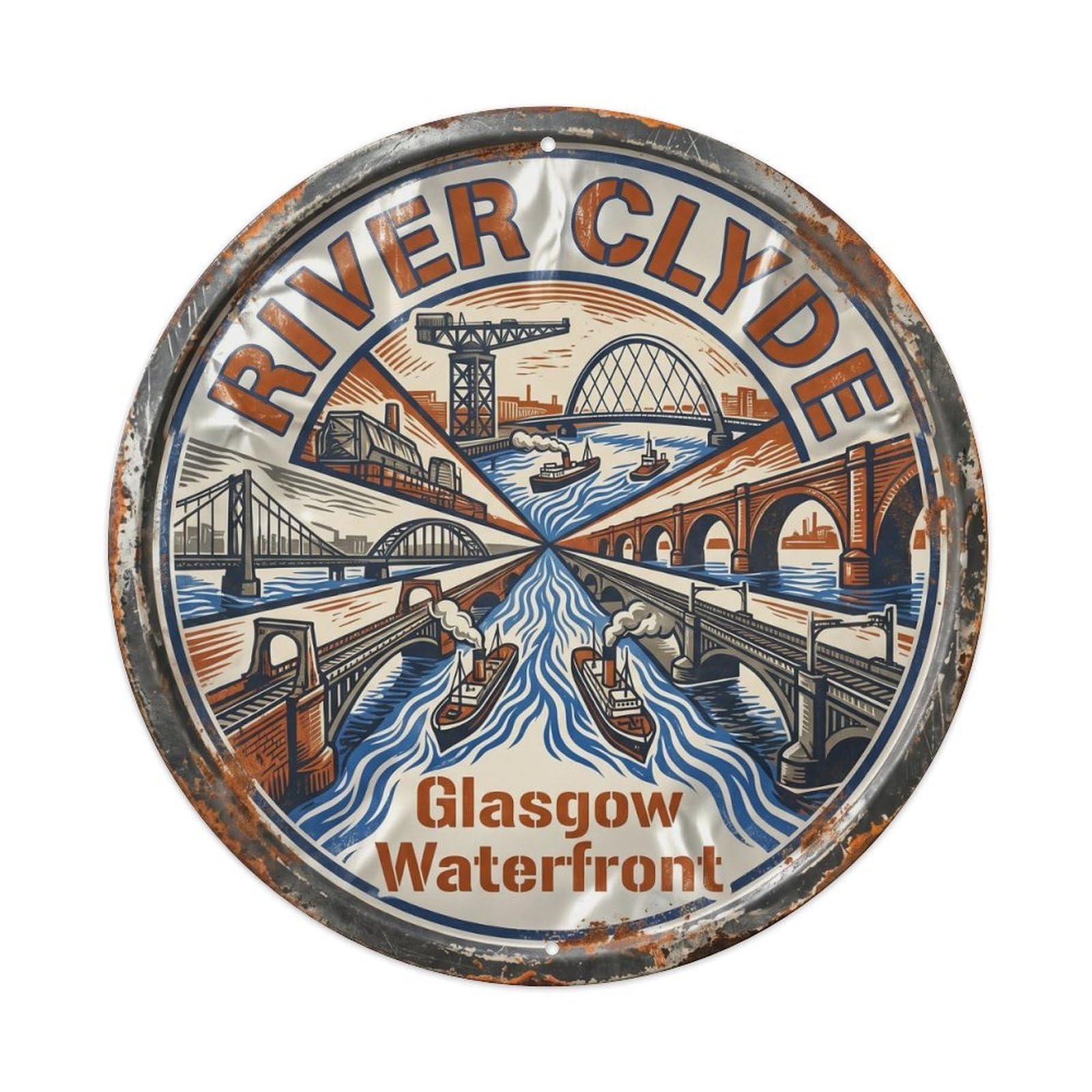 Cmhok Vintage Style-18 Vintage Travel River Clyde Glasgow Artwork Metal Tin Sign Plaque Wall Decor For Cafe, Club, Garden Round Metal Poster 8X8inch