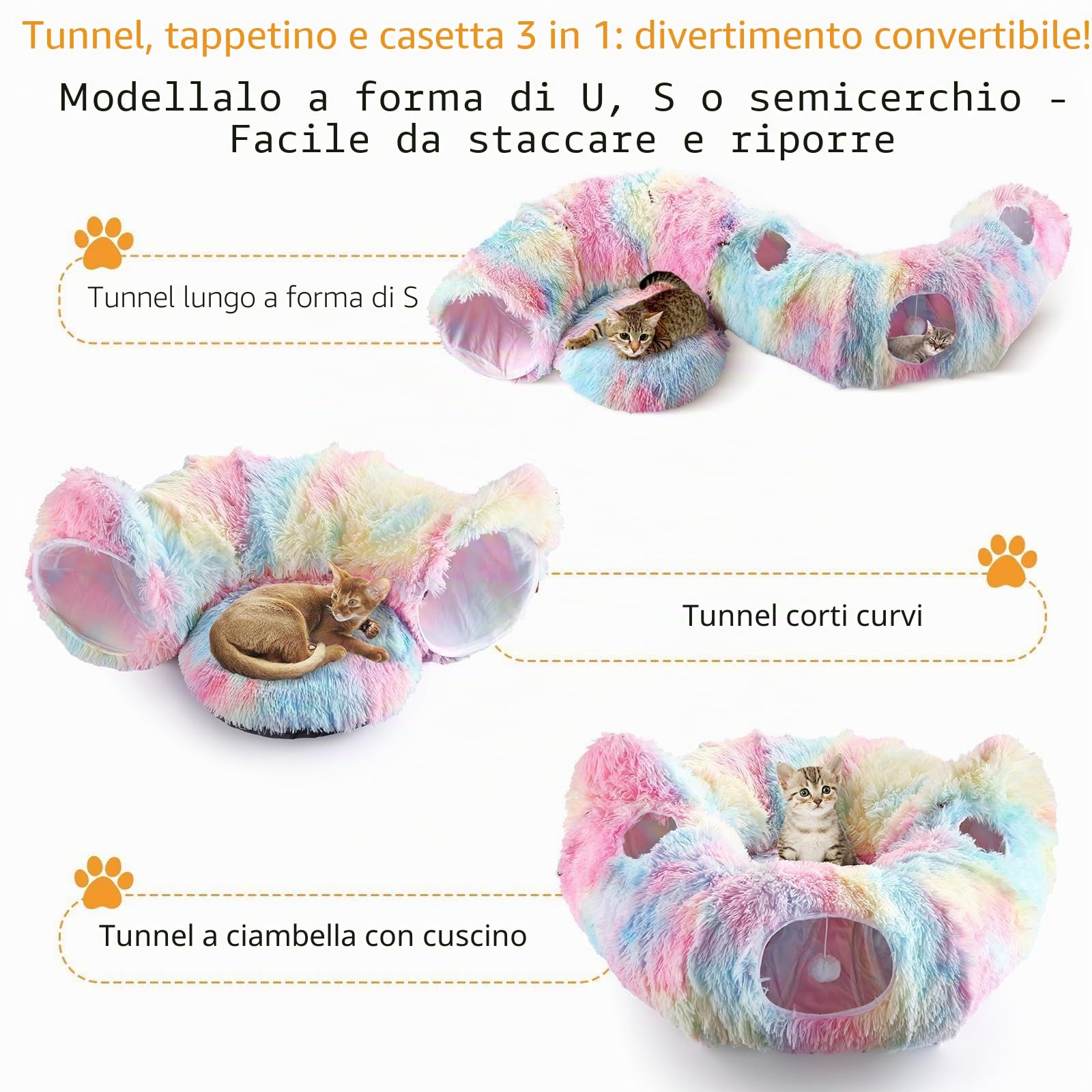 Tunnel per Gatti 3 in 1 Modulare con Letto Morbido Lavabile, Gioco Interattivo con Fori e Palline, Peluche Morbido per Gatti, Conigli e Cani Piccoli, Animali, Colorato