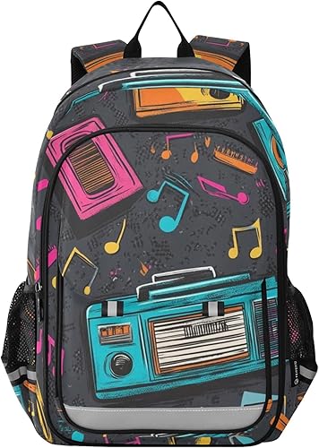 Colorful Boombox Music Retro Backpack Lightweight Bookbag Travel Backpack College School Laptop Bag with Reflective Stripes