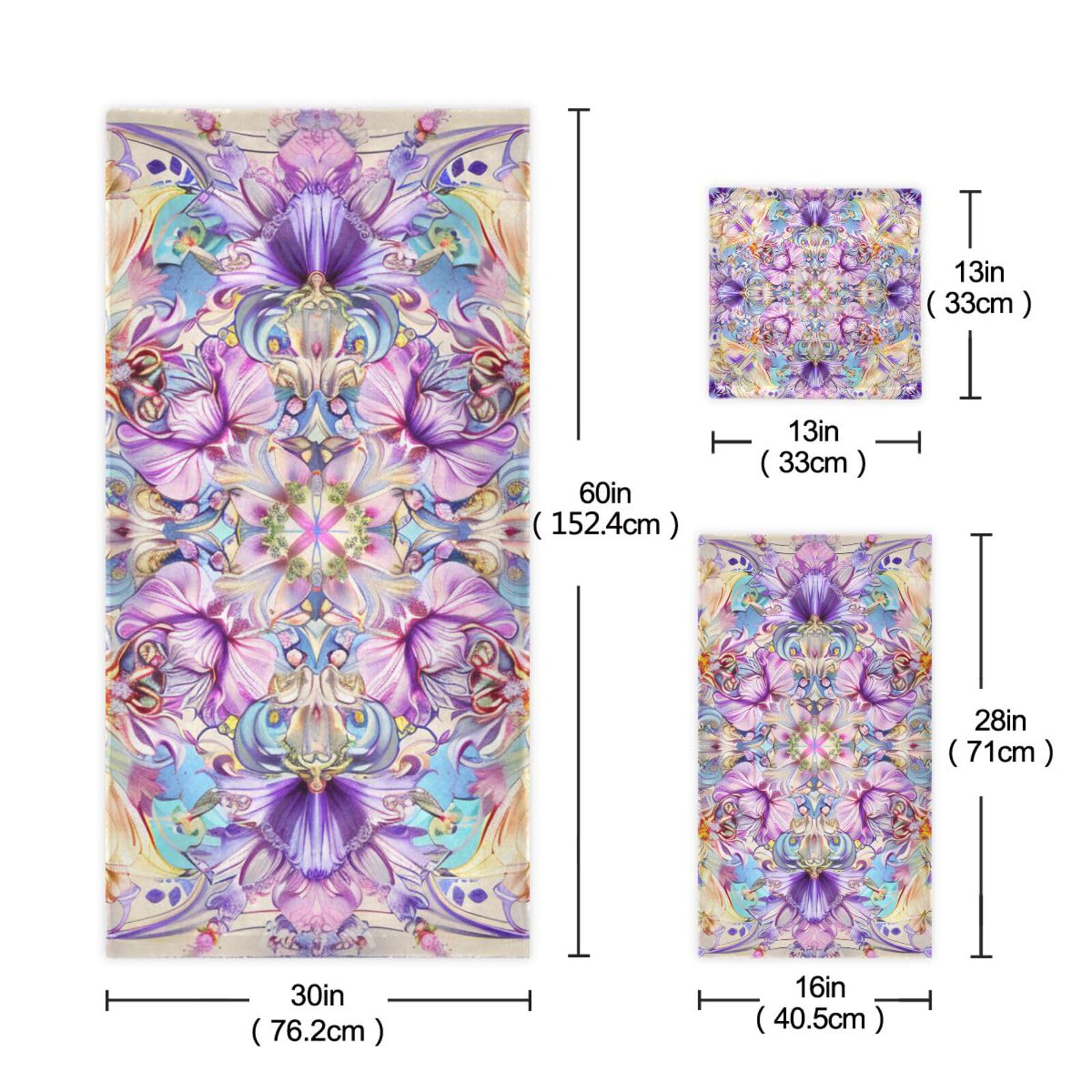Set di 3 asciugamani decorativi per il viso in stile bohémien, motivo floreale viola, 1 asciugamano da bagno, 1 asciugamano per le mani, 1 panno per la casa, la cucina e la famiglia