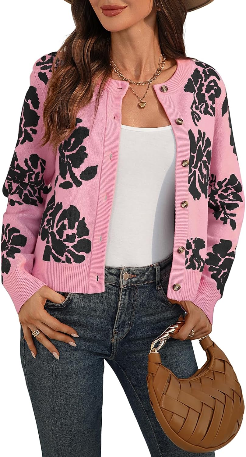 Women's Cropped Cardigans Sweater Floral Leopard Print Crewneck Button Down Open Front Shrugs Sweater for Dress