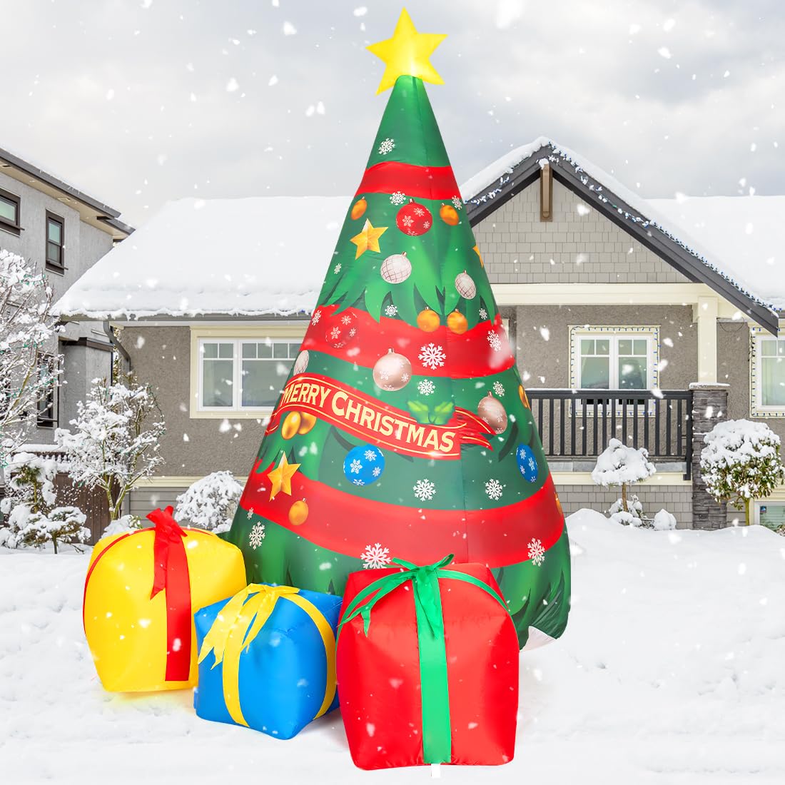 Comin Bonhomme de Neige Gonflable de Noël avec Une boîte, décoration de Cour Gonflable avec lumières LED intégrées pour Les Vacances, Les fêtes, Noël, la Cour, Le Jardin