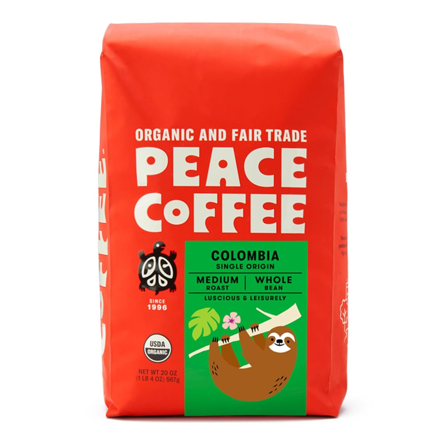 Peace Coffee Colombia Single Origin Coffee | 20 oz Whole Bean Medium Roast | Organic Fair Trade | Smooth, Crisp Flavor | Shade Grown, Fresh Roasted