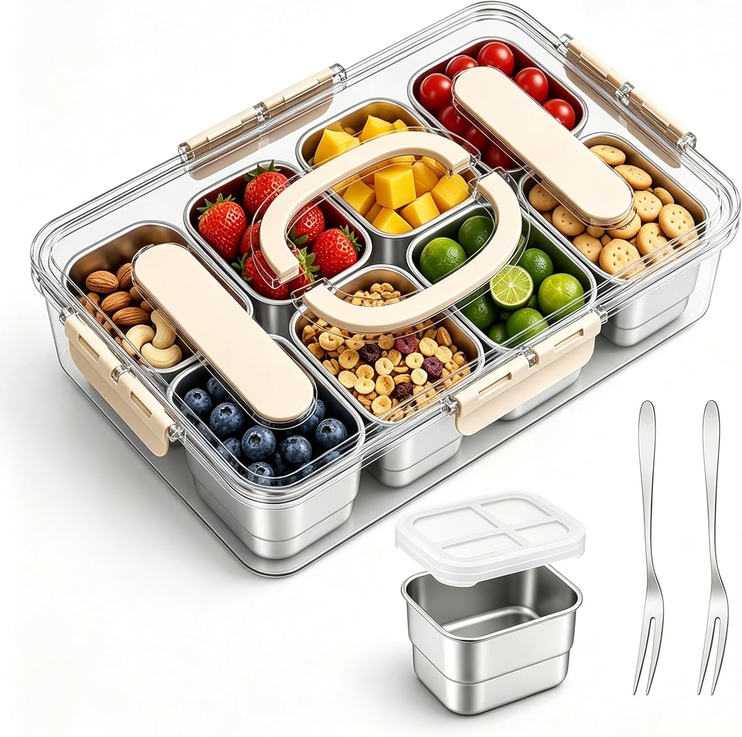 Boîte à Goûter avec 8 Compartiments en Acier Inoxydable/2 Fourchettes | Plateau De Service Divisé avec Couvercle et Poignée, Boîte à Goûter pour Fruits et Légumes, Plateau à Goûter Portable