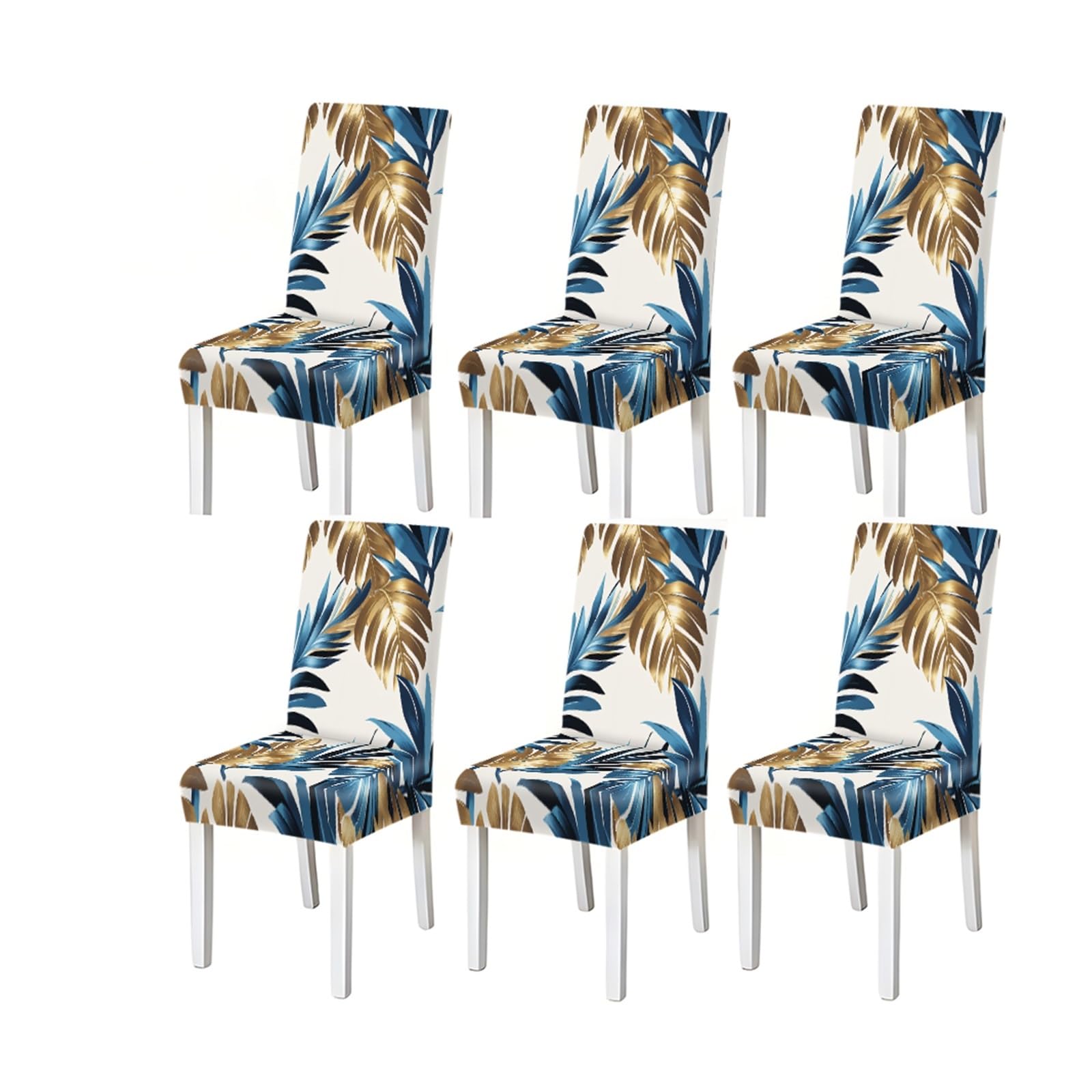 Bosuybn One Color Blue Gold Tropical Palm Leaf Pattern Print Dining Chair Covers Set Of 2/4/6, Stretch Slipcovers For Kitchen Dining Room Furniture Protectors For Home Dining Room(6Pcschair Cover)