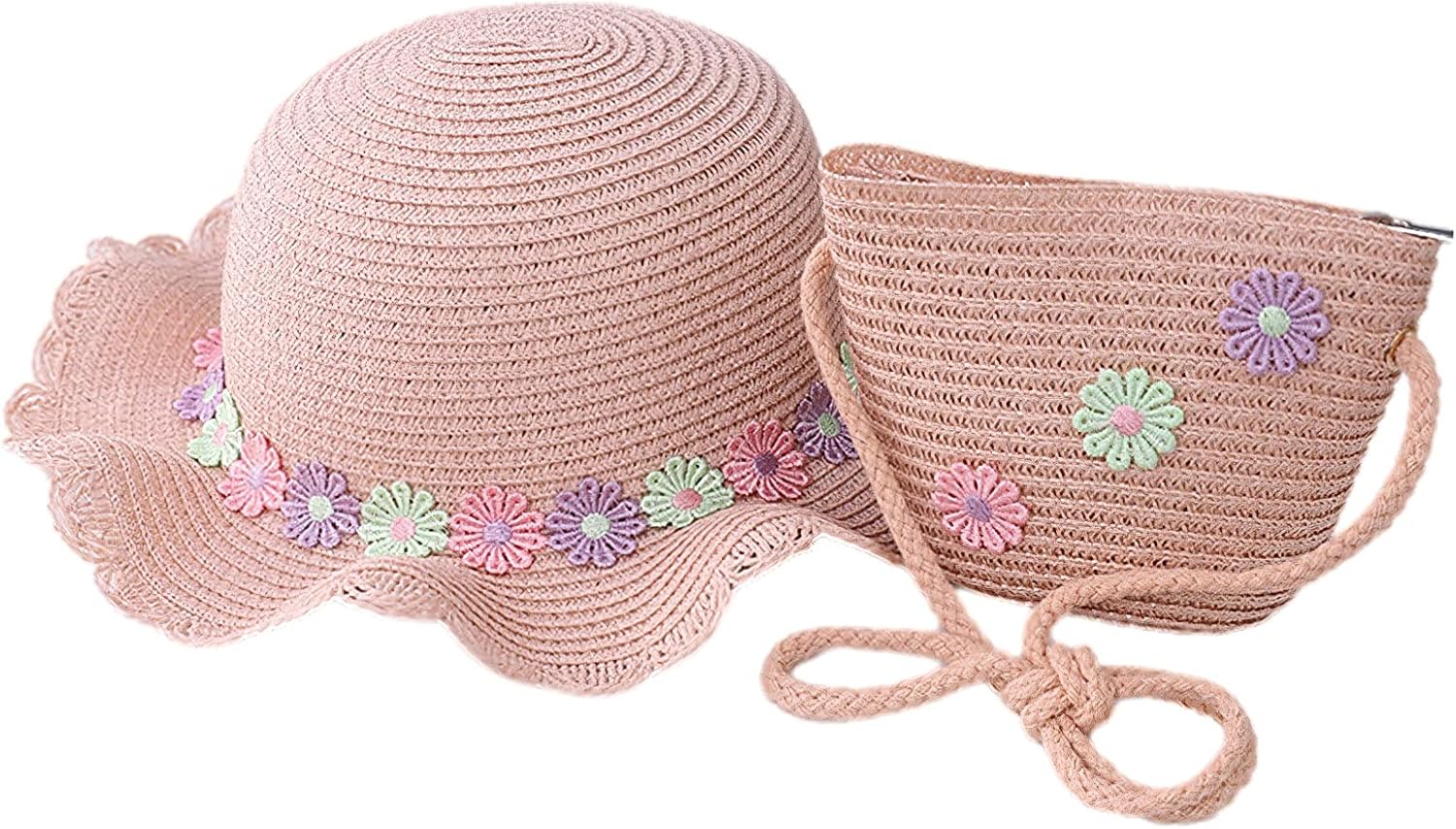 rismart Hat and Bag Set, Toddler Girl Summer Wide Brim Beach Straw Hat with Flower and Shoulder Purse Bag