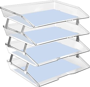 Acrimet 4 Tier Paper Organizer Letter Tray, Side Load Desktop File Sorter for Letter Size & A4 Documents, Stackable System Storage for Office Desk Organization, Plastic, Clear Crystal