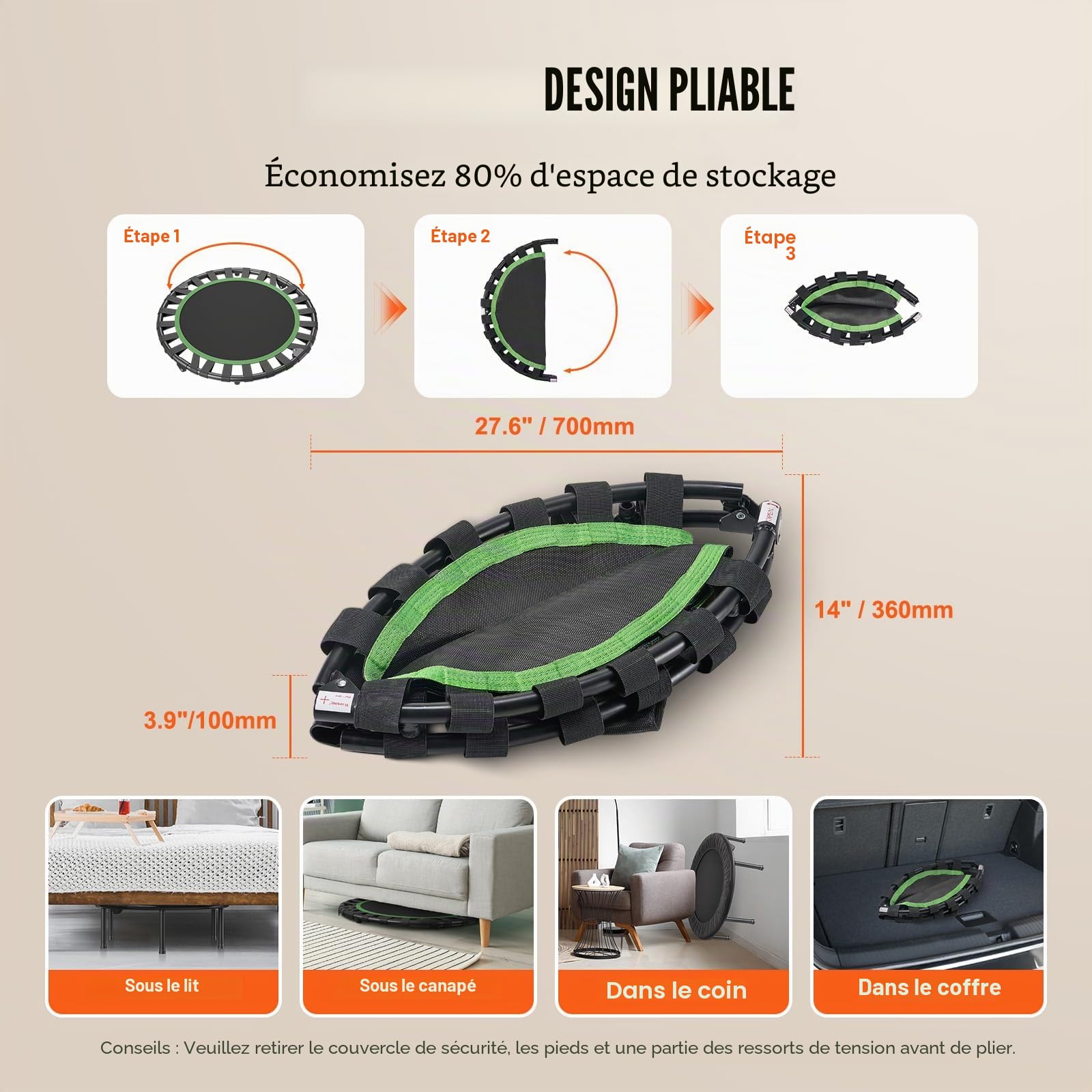 VEVOR Mini Trampoline Pliable, 934 mm, Fitness rebounder, Charge maximale 100 kg, Petit Trampoline d'entraînement d'intérieur Stable et Silencieux, pour Exercice, entraînement, Fitness pour Adultes