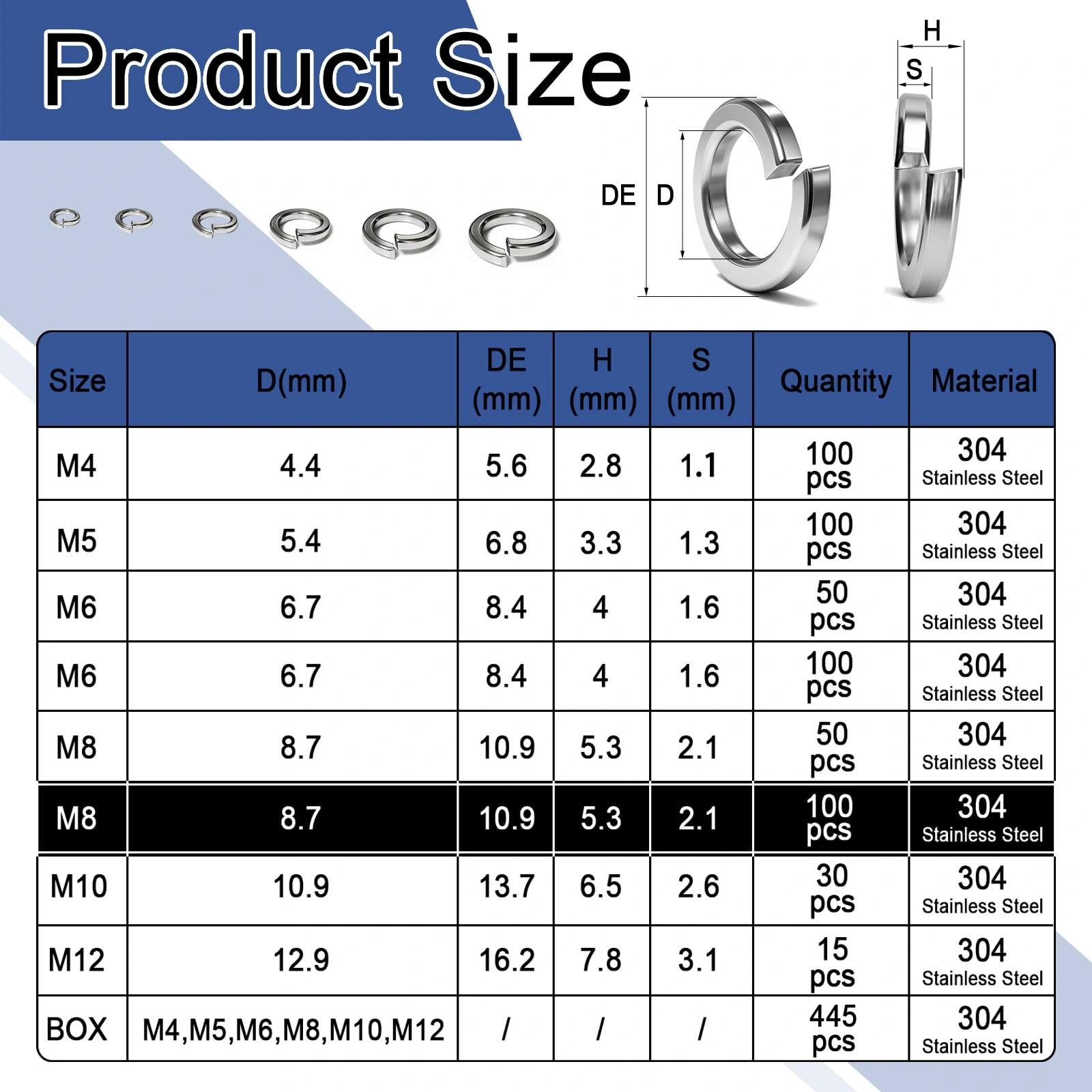 100 Pezzi M8 Rondelle Elastiche a Spirale in acciaio inox A2 V2A DIN 127 Forma B, Argento Rondella a Molla per il Fissaggio con Viti