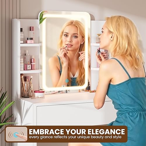 Vista 5 de HAIOOU Escritorio pequeño con espejo y luces, escritorio de maquillaje con cajón de almacenamiento, tocador compacto con estante abierto de 3