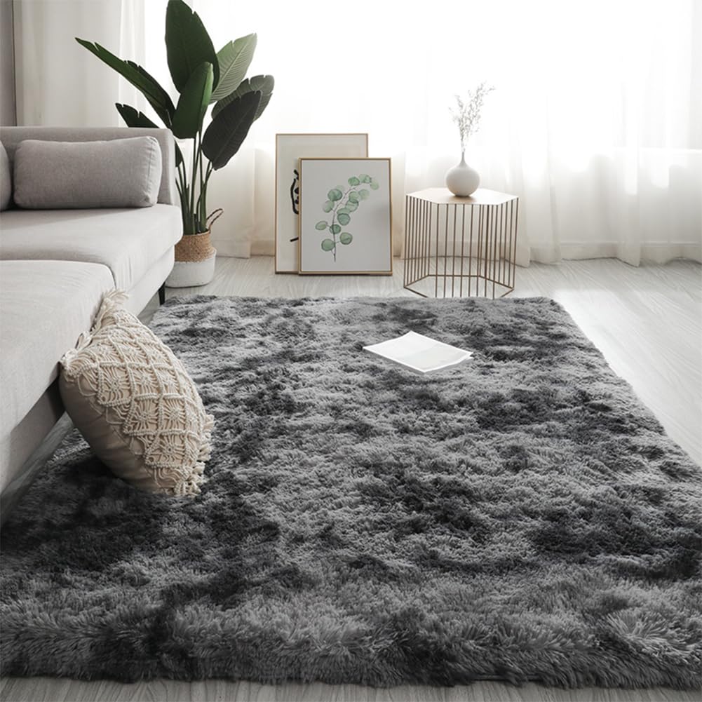 Tapis de salon, super doux, shaggy, moelleux, dessous antidérapant, moderne, lavable, à poils longs, 60 x 158 cm, gris foncé
