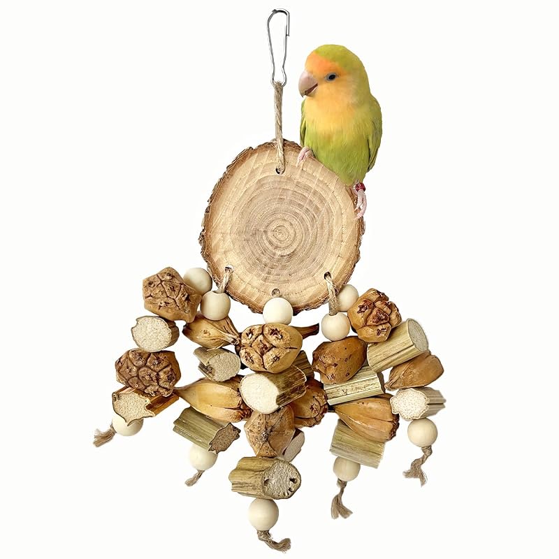 Brinquedo para Aves com Poleiro de Madeira e Itens Naturais para Roer ROOJUNE – 19,0 x 15,0 x 20,0 cm