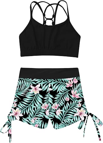 Miniatura 3 de Moily Conjunto de 2 piezas para niñas grandes, traje deportivo de gimnasia y danza, espalda entrecruzada, con pantalones cortos de glúteos