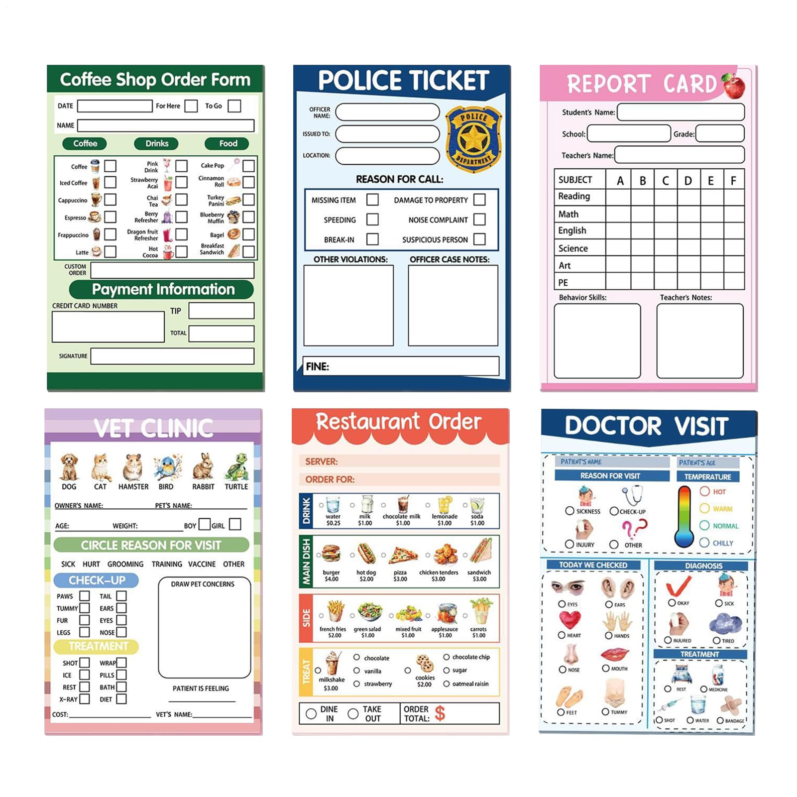 Pretend Play Notepads, 6 Pack Funny Role Play Pretends Note Pads, Reusable Pretend Plays Notepad for Kids, Novelty Role Playtime Restaurant Order Pads Imaginative, for Boys & Girls