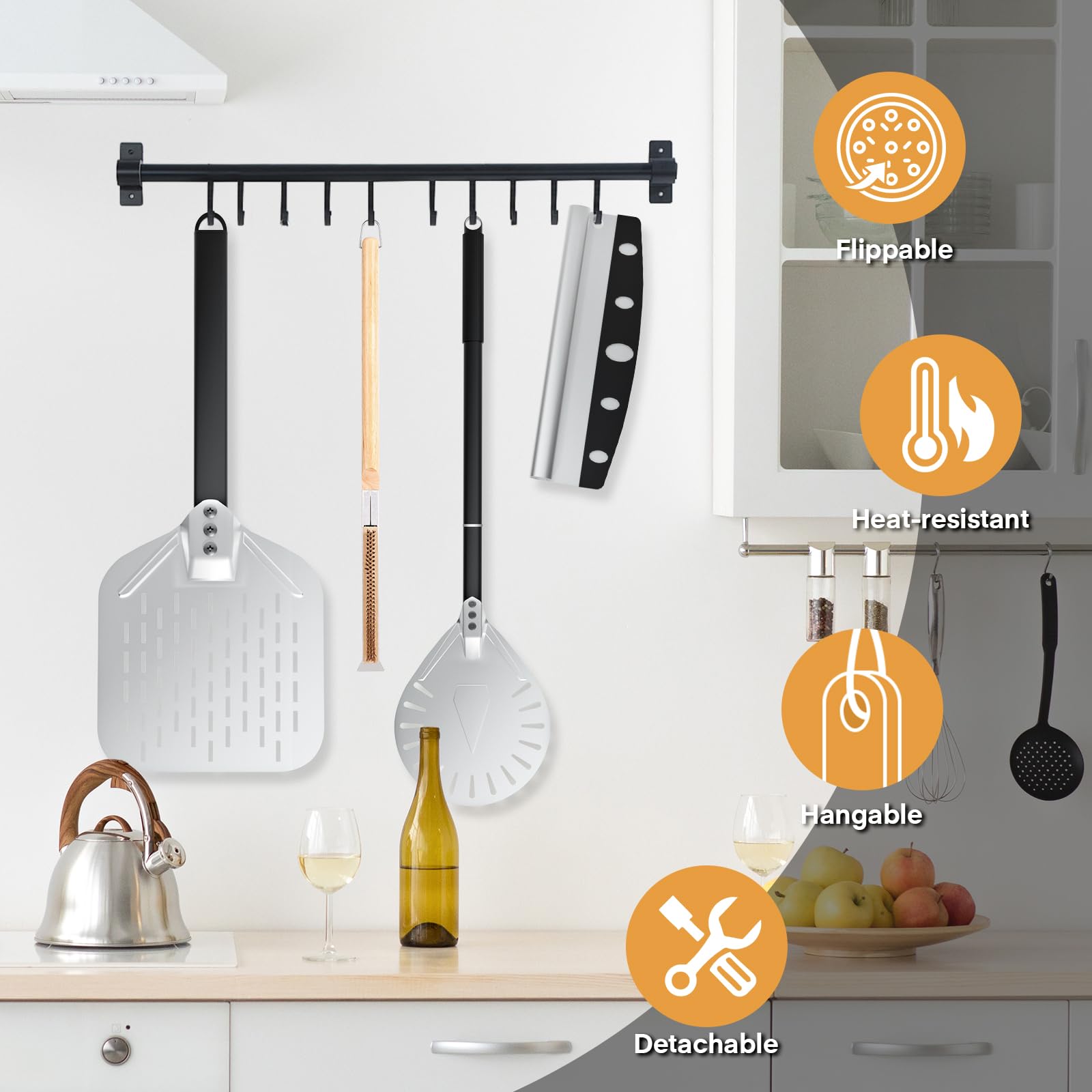 Kit 4 Pièces pour Pizza, Pelle a Pizza Perforée 30 cm, Pelle Pizza Ronde en Aluminium 23 cm, Roulette à Pizza professionnelle, Brosse de Nettoyage pour Four à Pizza, Accessoires Pizza pour Four Pizza