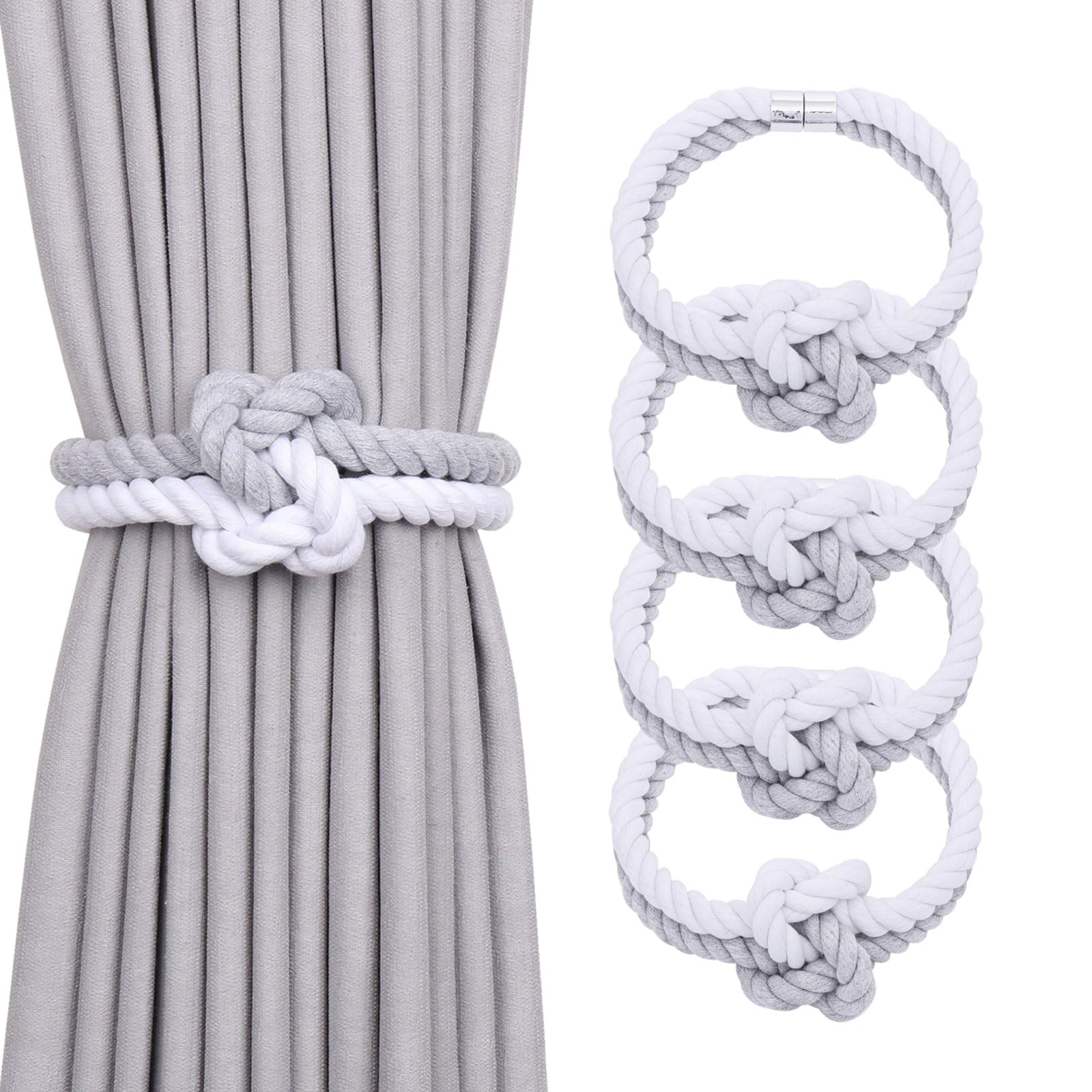 Pretty Jolly 4 Pack Natural Cotton Rope Magnetic Curtain Tiebacks Elegant Knot Decor Drape Tie Backs Boho Soft Hand Weave Rope Curtain Holdbacks for Home & Office Window Drapery (Light Grey & White)