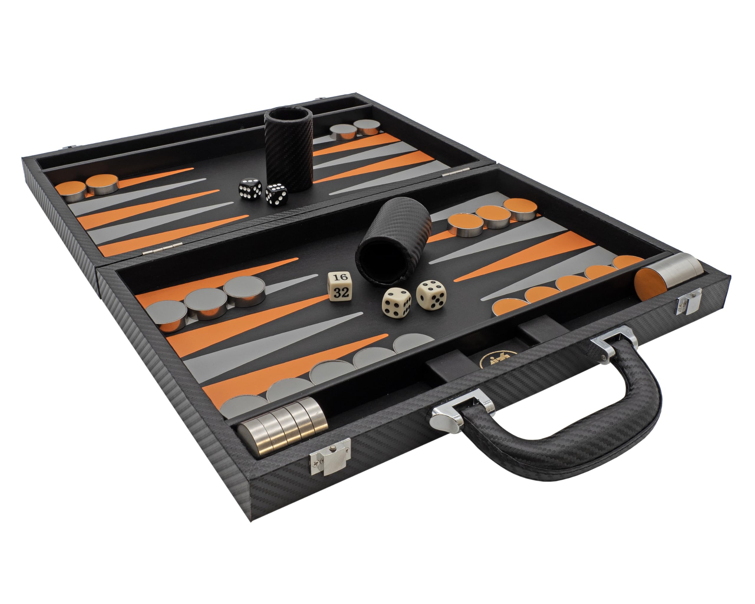 Backgammon pieghevole in similpelle nero e arancione