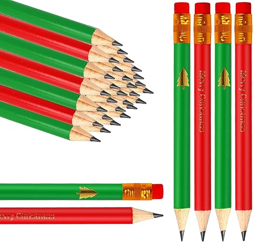Whaline 50 lápices de Navidad con borradores, 2 estilos, lápices de escritura cortos, medios lápices de Navidad rojos y verdes, árbol de Navidad y