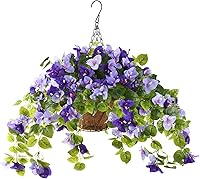 Homsunny UV-Resistant Artificial Bougainvillea Hanging Flower Basket - Realistic Faux Silk Purple Flowers for Porch Patio Balcony Yard Decor