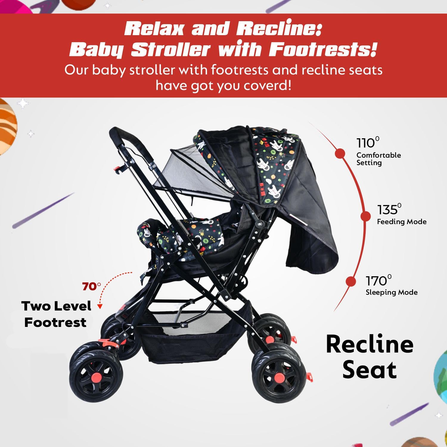 KIDBITKART Umbo Baby Stroller Pram for 0-3 Years 5 Point Safety Harness,360° Swivel Wheel Stroller (Black) - Image 3 thumbnail